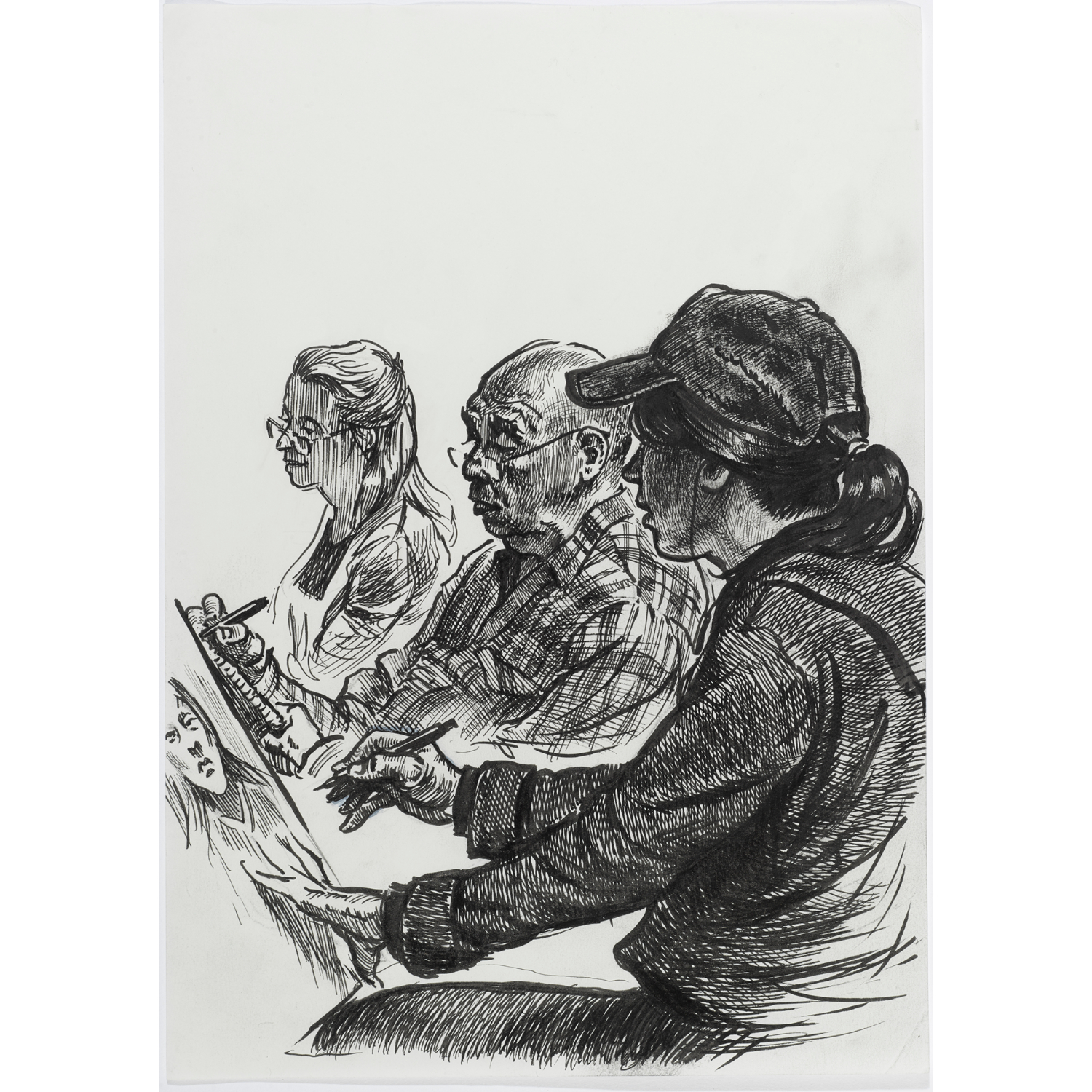 Pitt Artist Pen Tuschestift Set Schwarz: Drei Personen zeichnen konzentriert mit Stiften auf Papier.