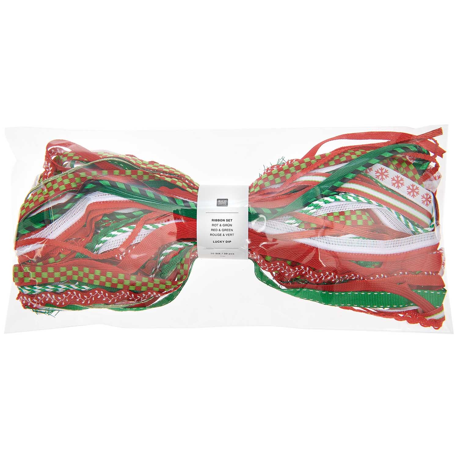 Ribbon Set Lucky Dip 30teilig: Bunte Mischung aus roten und grünen Bändern von Rico Design in einer transparenten Verpackung.