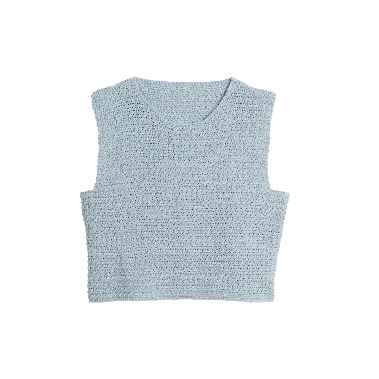 Hellblauer Pullunder gehäkelt. Flatlay von Produkt.