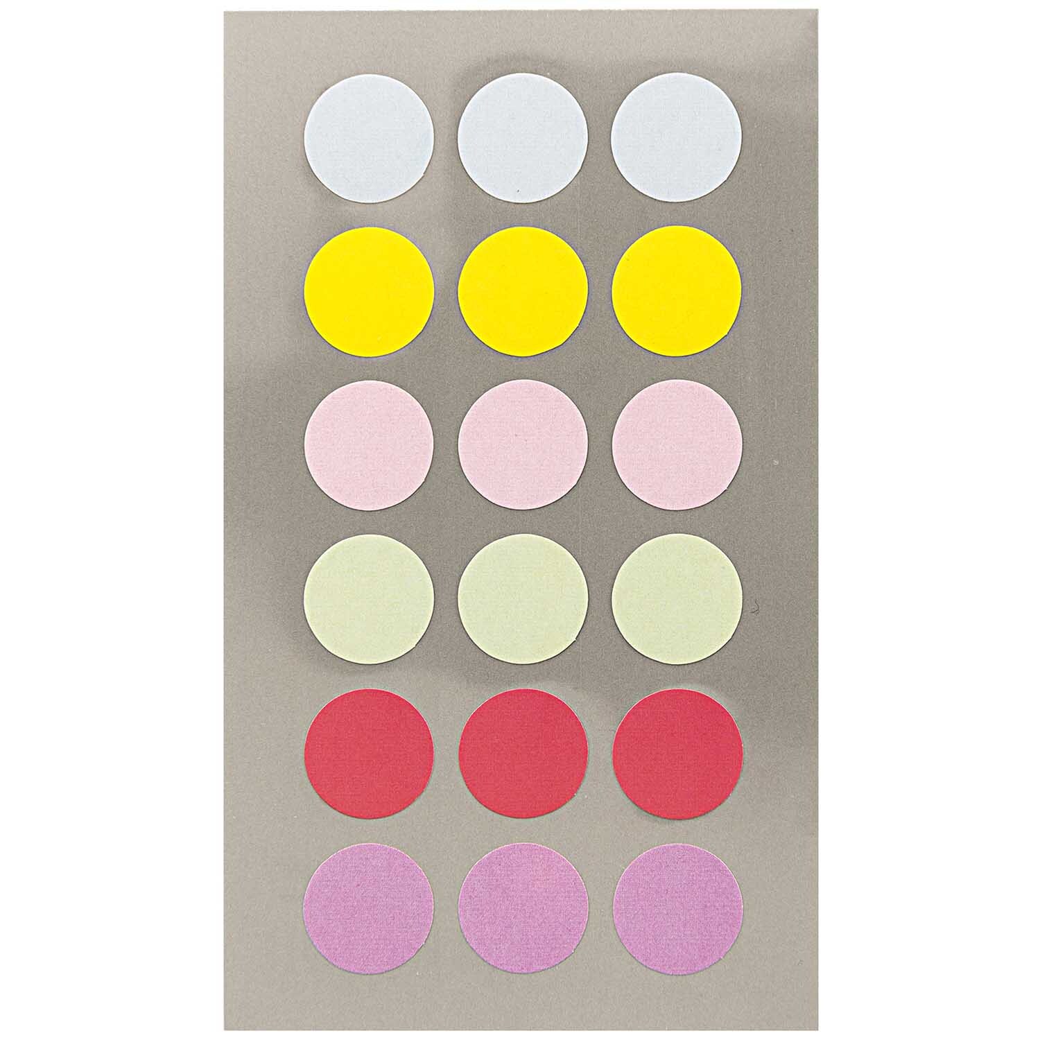 Office Sticker Punkte 15mm 4 Bogen von Rico Design in Pastellfarben. Runde Aufkleber in Weiß, Gelb, Rosa, Grün, Rot und Lila auf einem Bogen.