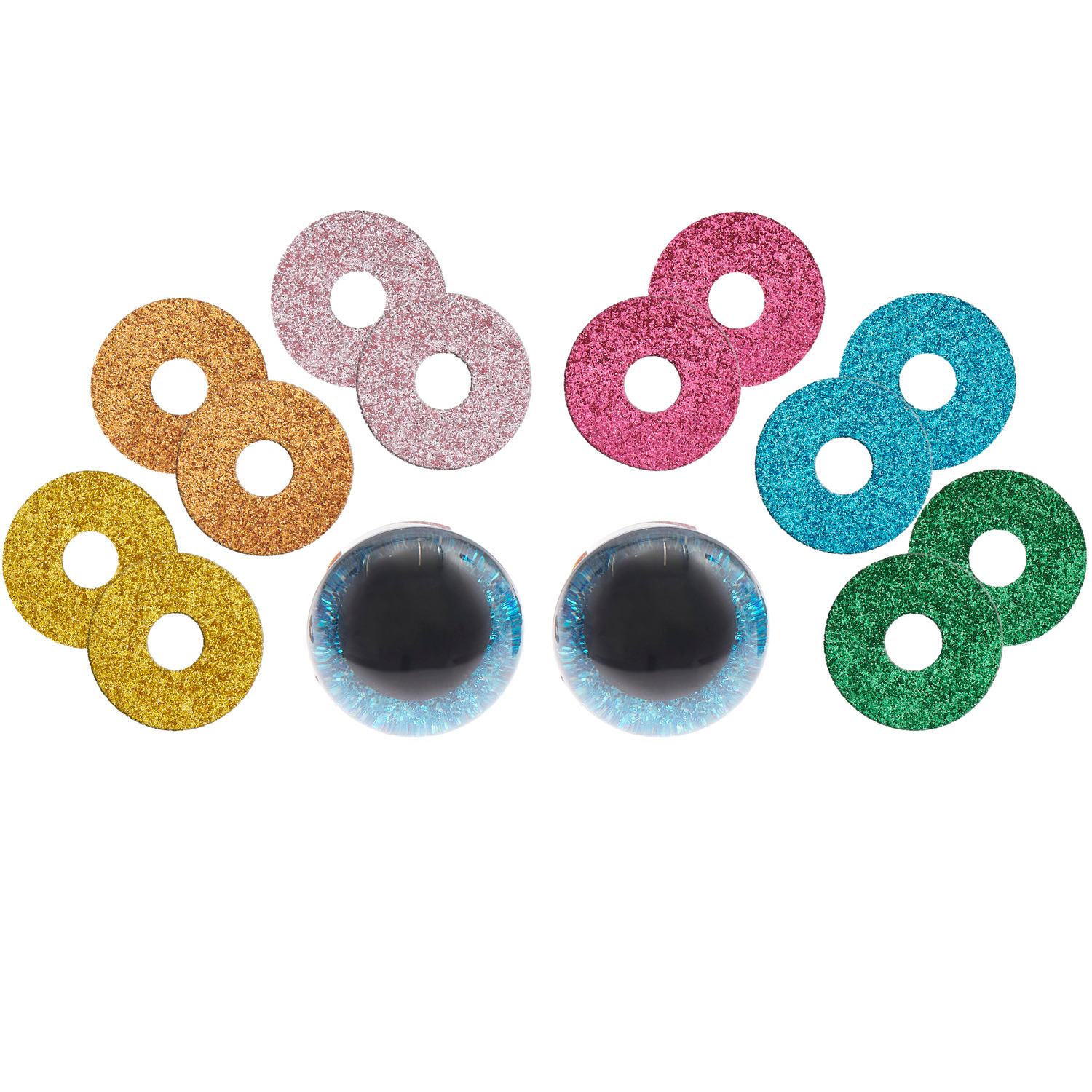 Sicherheitsaugen-Set für Kuscheltiere in 6 Farben von Rico Design, bestehend aus 1 Paar 30mm großen Augen mit glitzernden Unterlegscheiben.