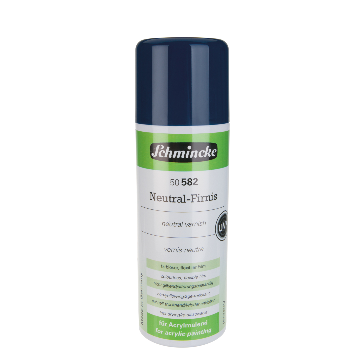 Aerospray Neutral-Firnis, 300ml, von Schmincke. Weiß-grüne Dose mit dunkelblauem Deckel, ideal für Acrylmalerei.