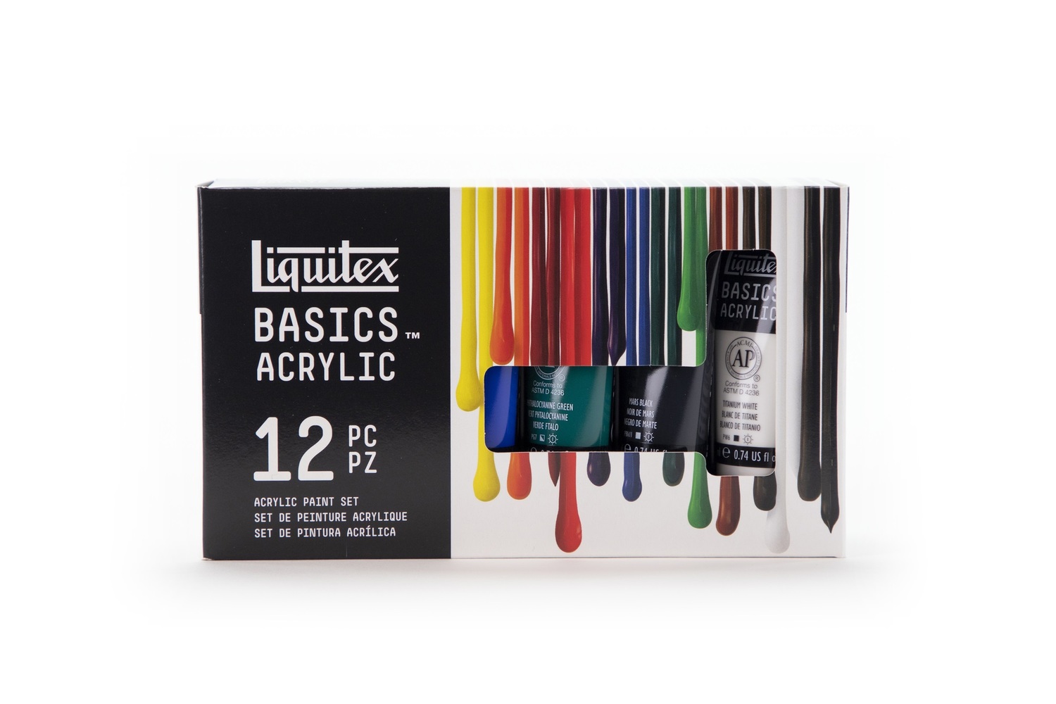 Basics Acrylfarben Set 12x22ml zeigt eine Verpackung mit 12 mehrfarbigen Liquitex Acrylfarben.
