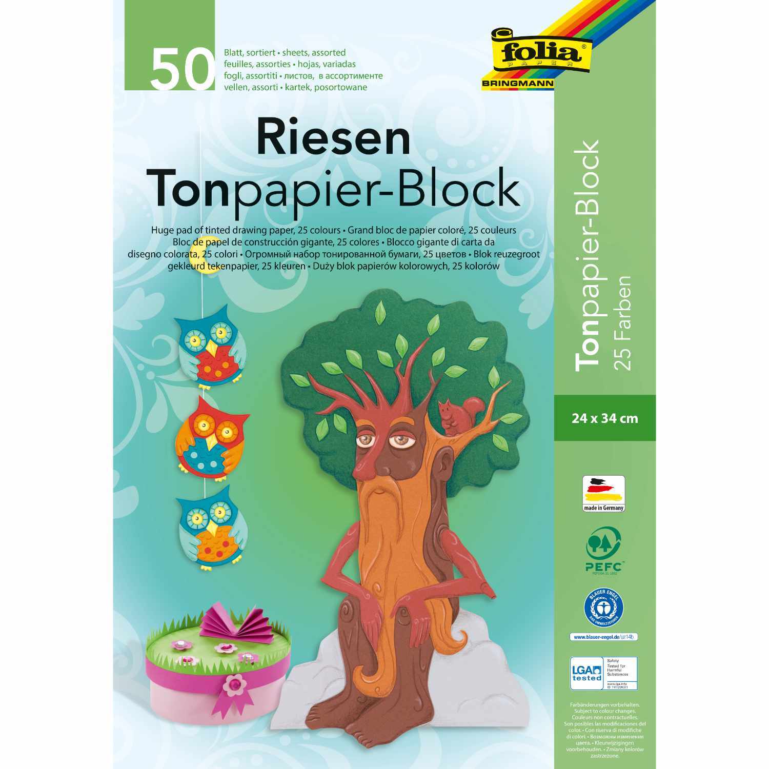 Riesen-Tonpapierblock 24x34cm 50 Blatt von folia, zeigt ein buntes Design mit einem Baum und Eulen.