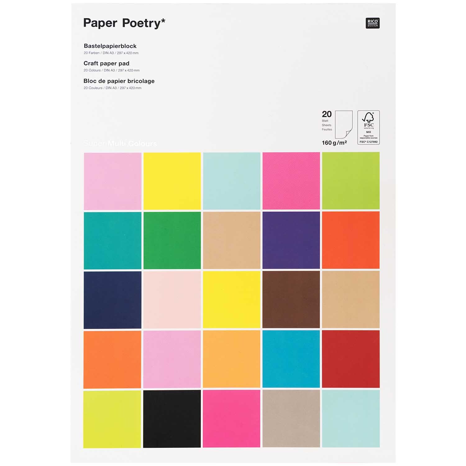 Paper Poetry Bastelblock mit 20 farbenfrohen Blättern in A3, ideal für kreative Projekte.