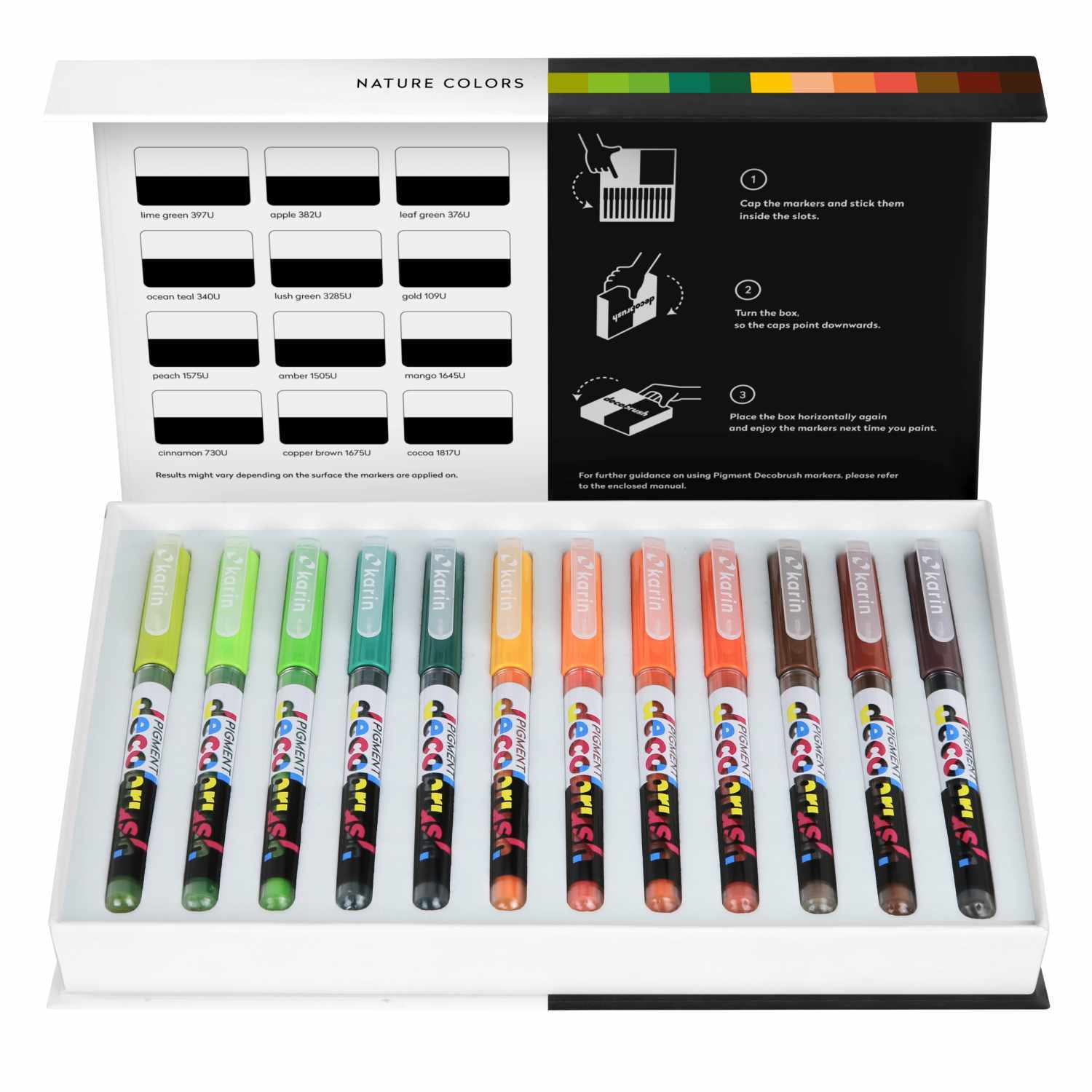 PIGMENT Deco Brush Marker Nature Colors Set mit 12 Farben von karin, offen in einer Box präsentiert.