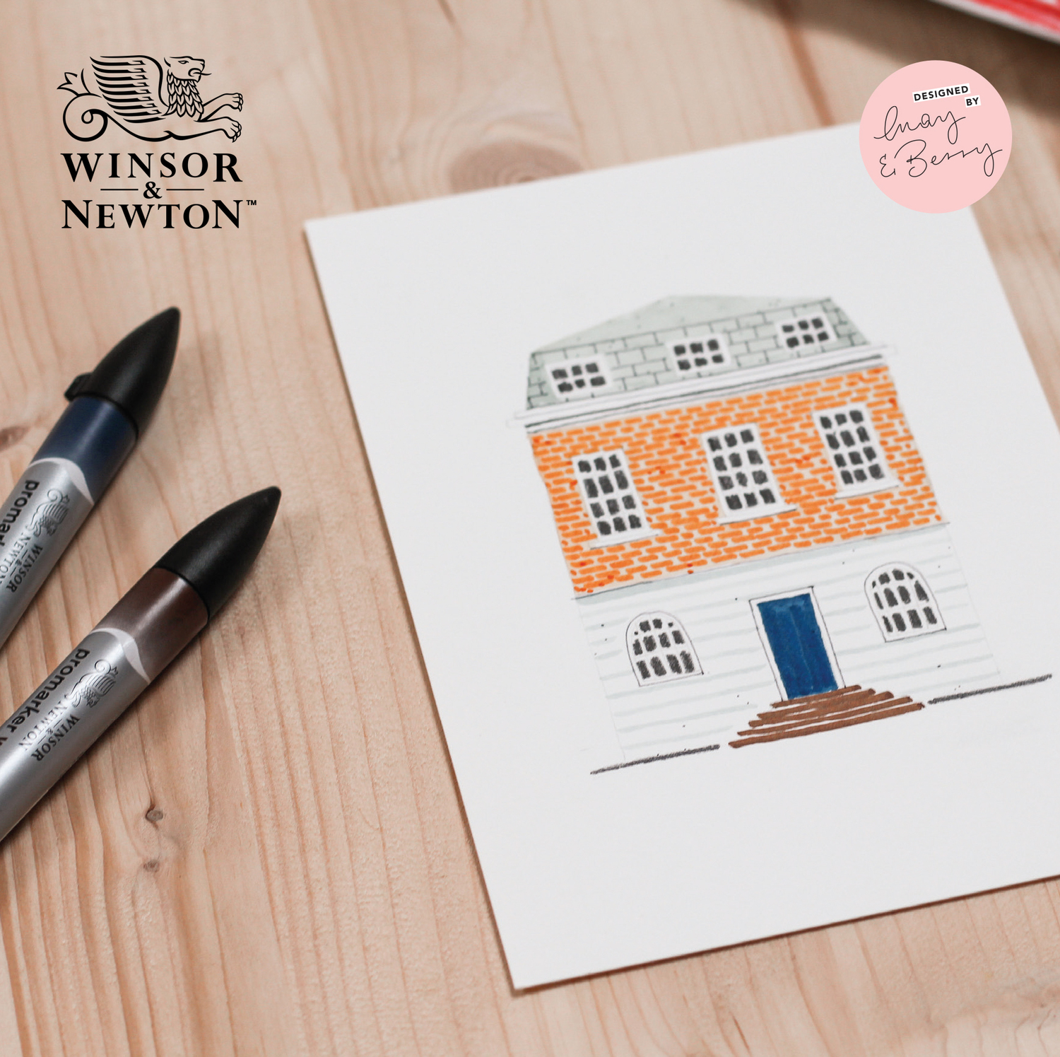 Anleitung Urban Watercolouring mit Aquarellmarkern zeigt ein gemaltes Haus mit Winsor & Newton Markern.