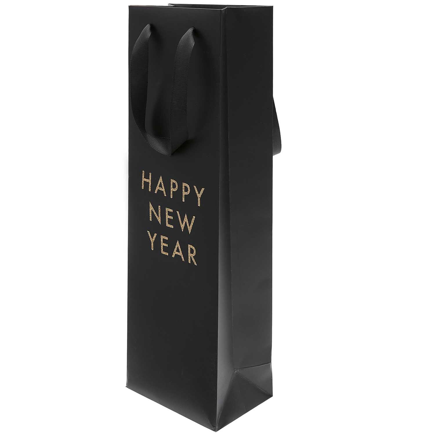 Paper Poetry Flaschentüte mit "Happy New Year"-Aufdruck, elegant in Schwarz, ideal für festliche Anlässe.