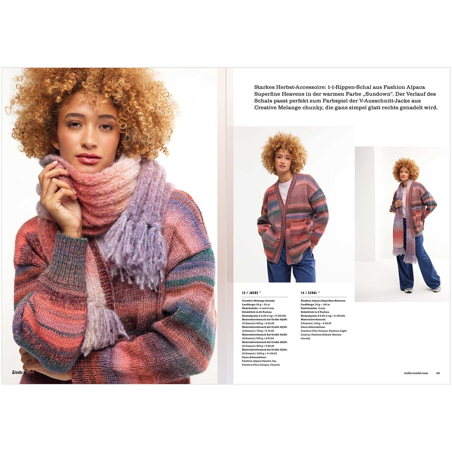 Die Neue Masche Nr. 07 Herbst: Frau in farbenfrohem Strickoutfit von Wolle Rödel mit Schal und Cardigan.