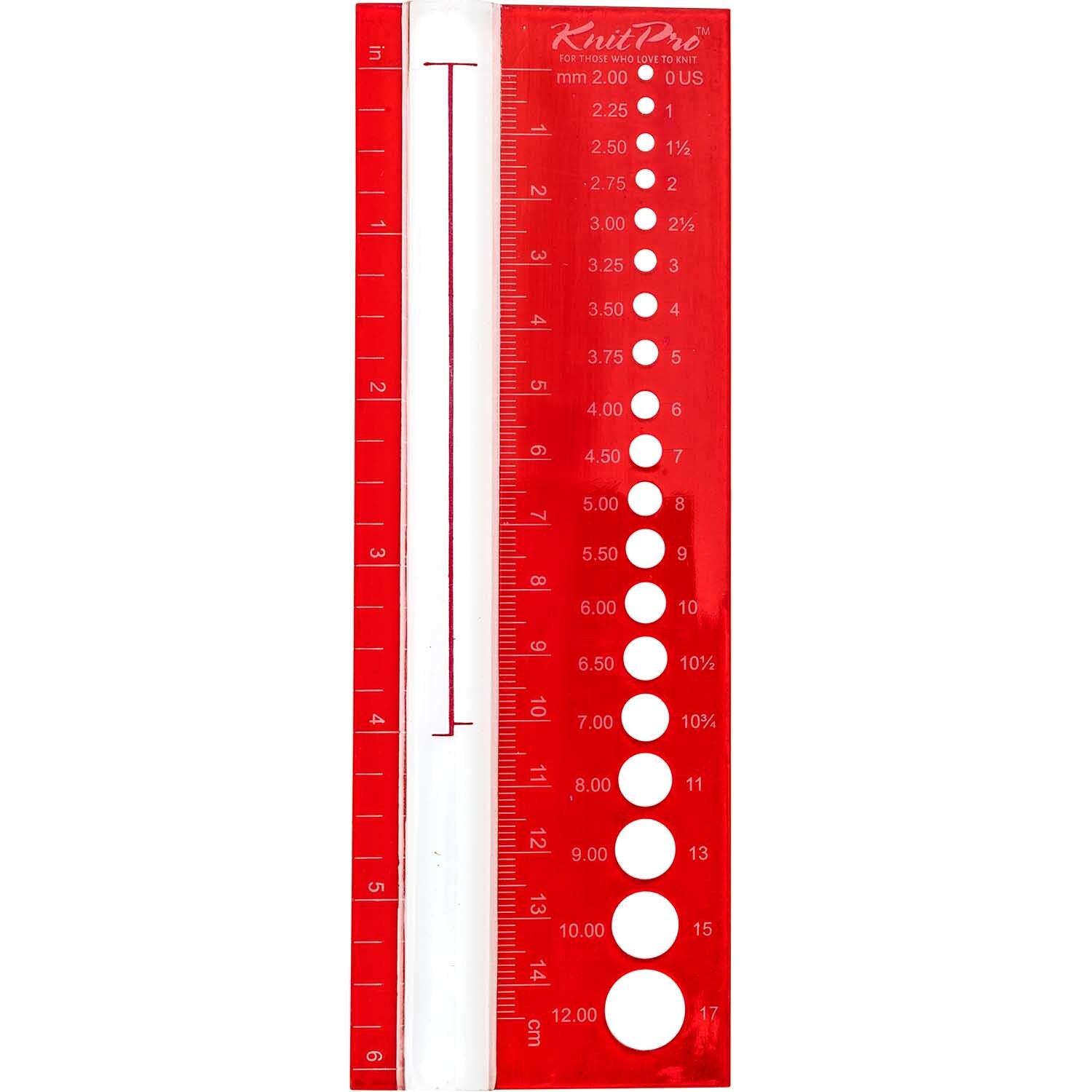 KnitPro Größenmaß mit Lupe bis 15cm, rotes Lineal mit Löchern zur Nadelmessung, ideal für Strickprojekte.