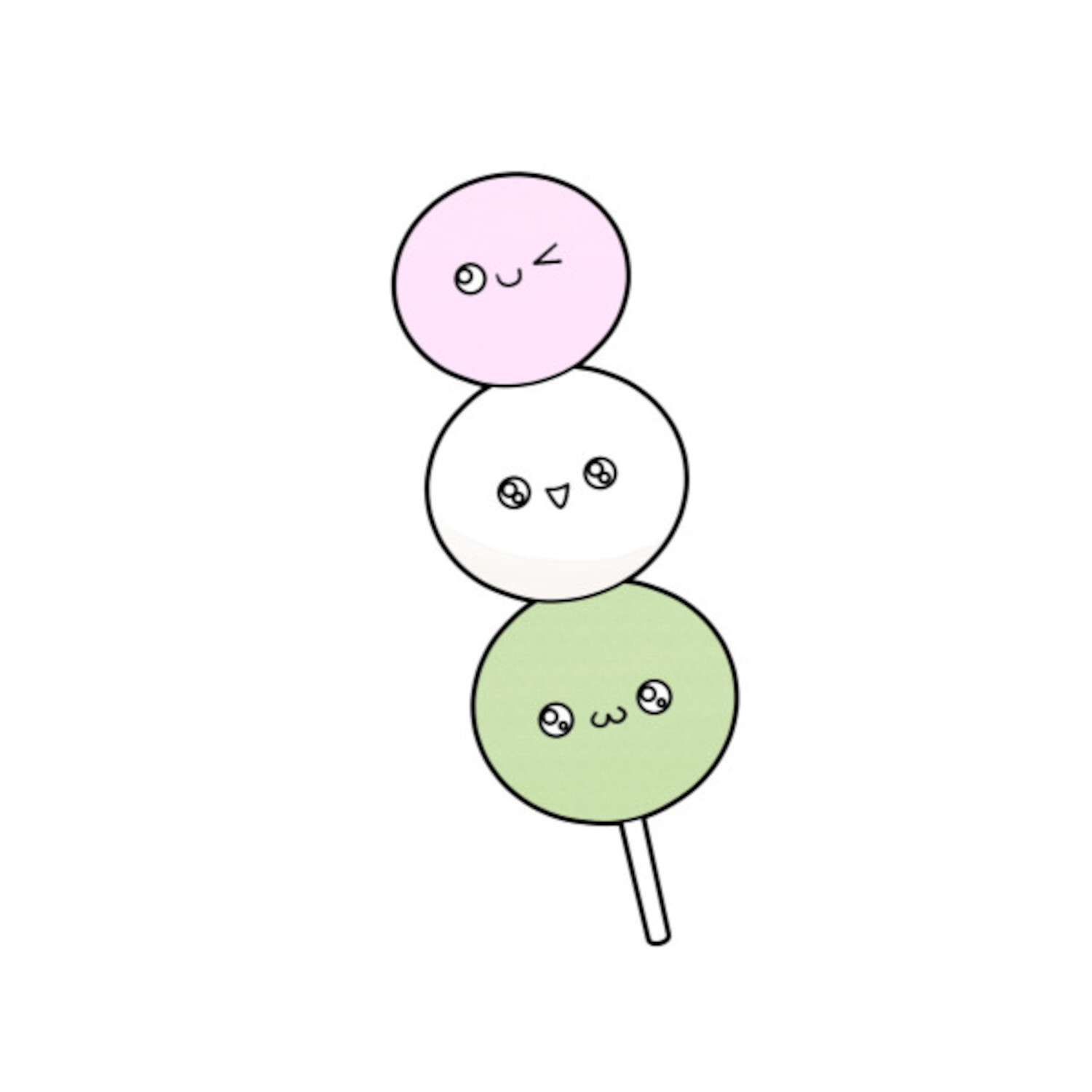 Die Kunst des Zeichnens - 10 Steps - Kawaii: Drei süße, pastellfarbene Kugeln mit Gesichtern auf einem Stab.