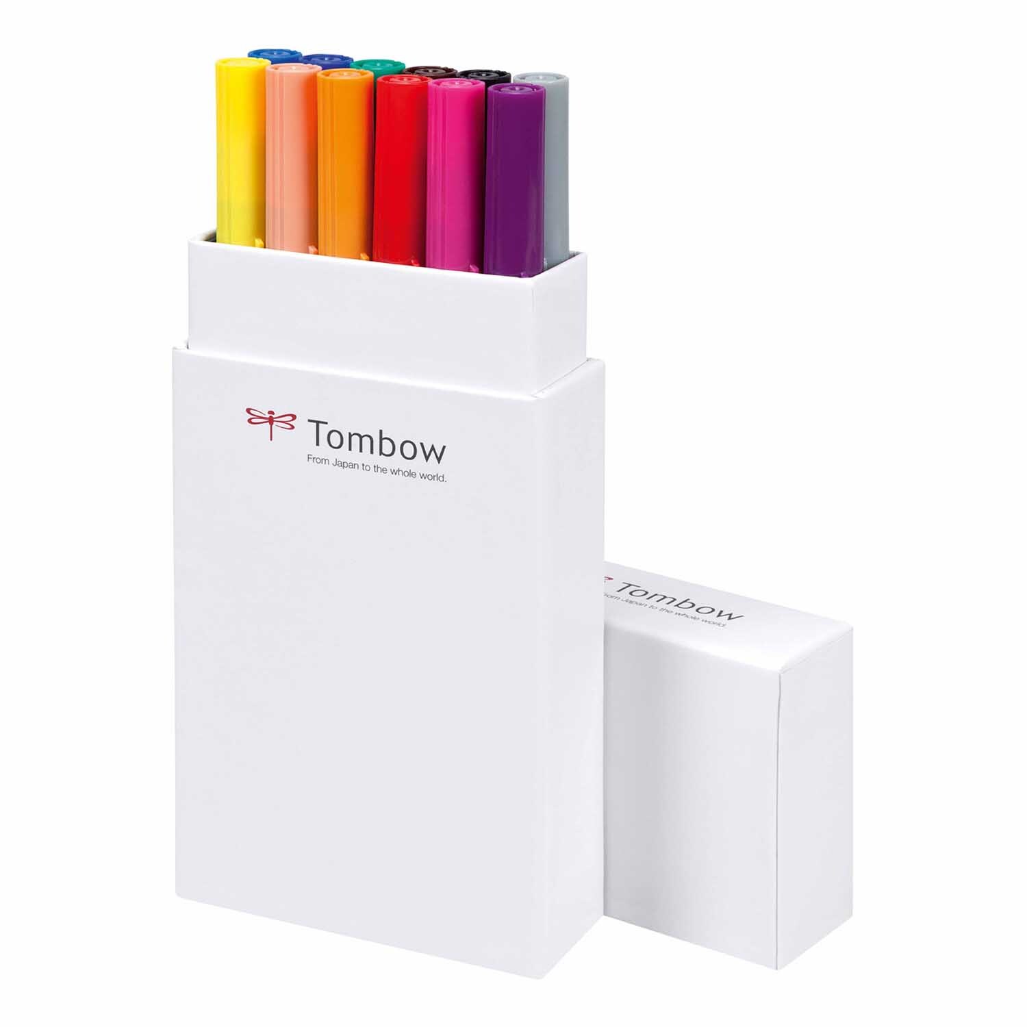 ABT Dual Brush Pen Primärfarben 12er Set in einer weißen Box, präsentiert von Tombow, ideal für kreative Projekte.