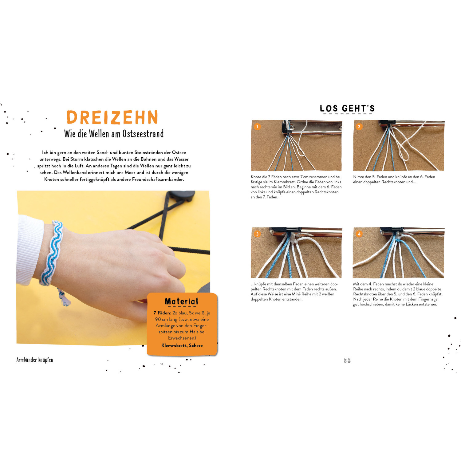 Armbänder für mich und meine Freund*innen: Anleitung zur Herstellung eines blauen Wellenarmbands.