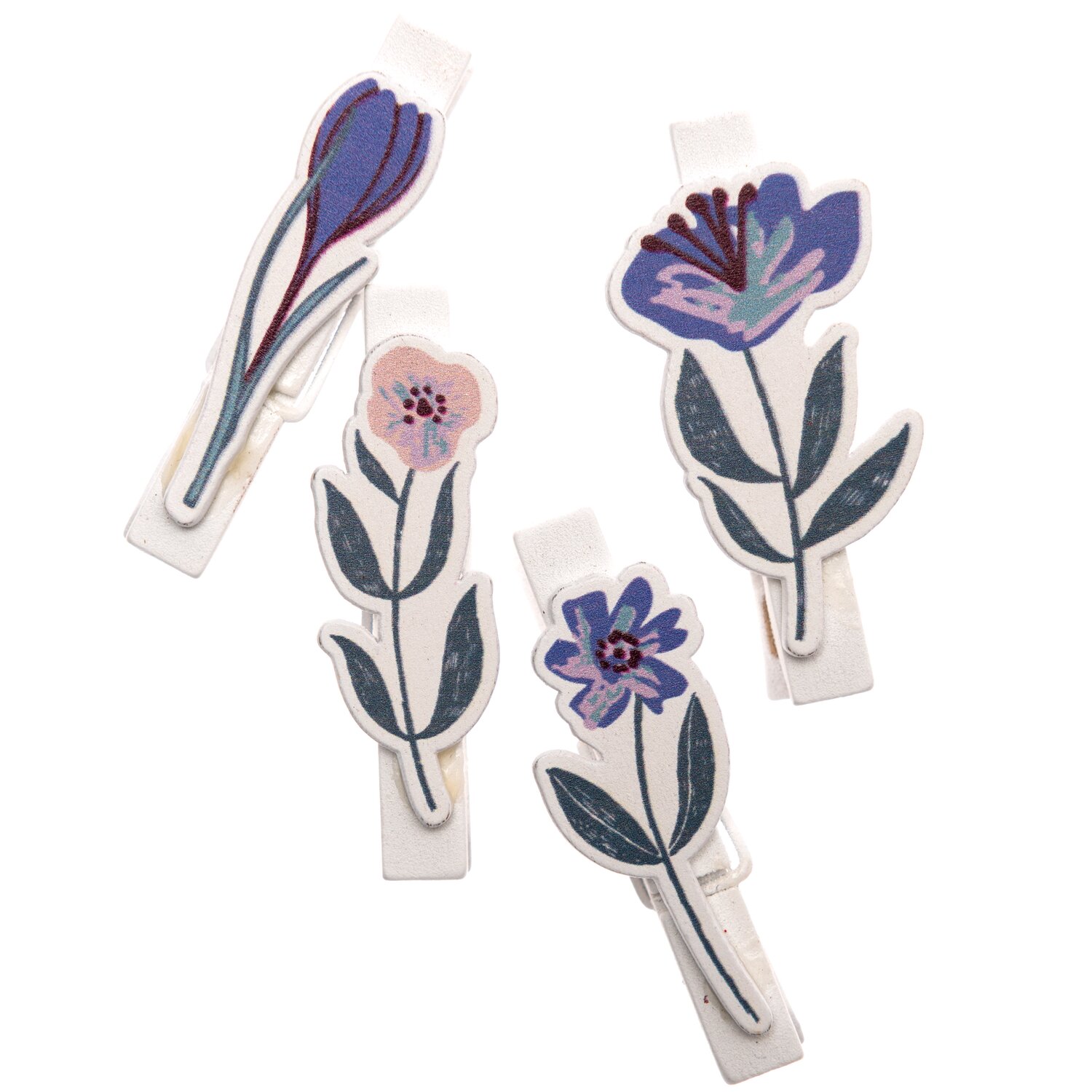 Dekoklammern Blume blau 4 Stück: Vier dekorative Klammern mit blauen Blumenmotiven von Rico Design.