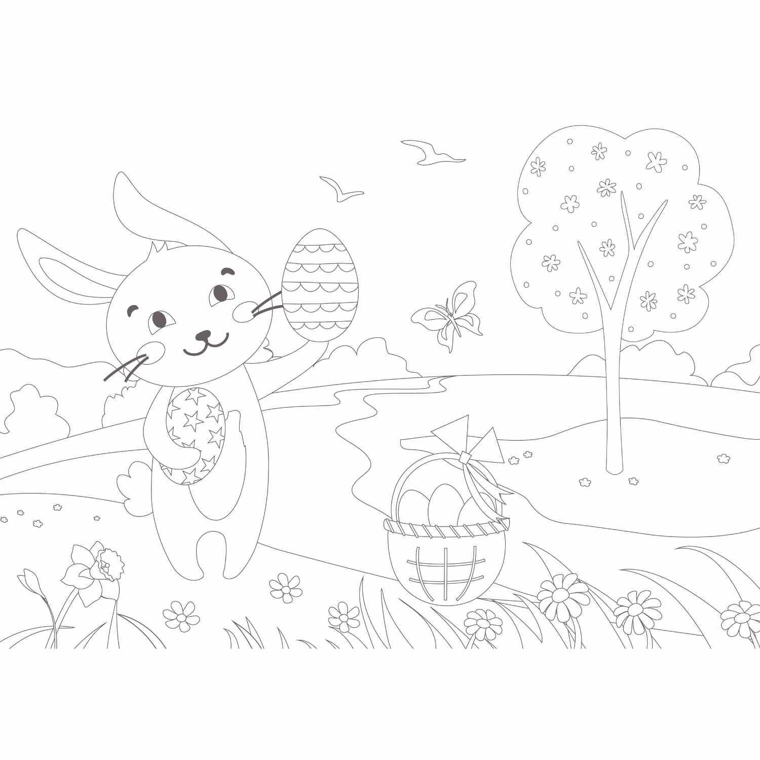 Mein extragroßes Ostermalbuch: Ein Hase hält Ostereier in einer Frühlingslandschaft mit Baum und Blumen.