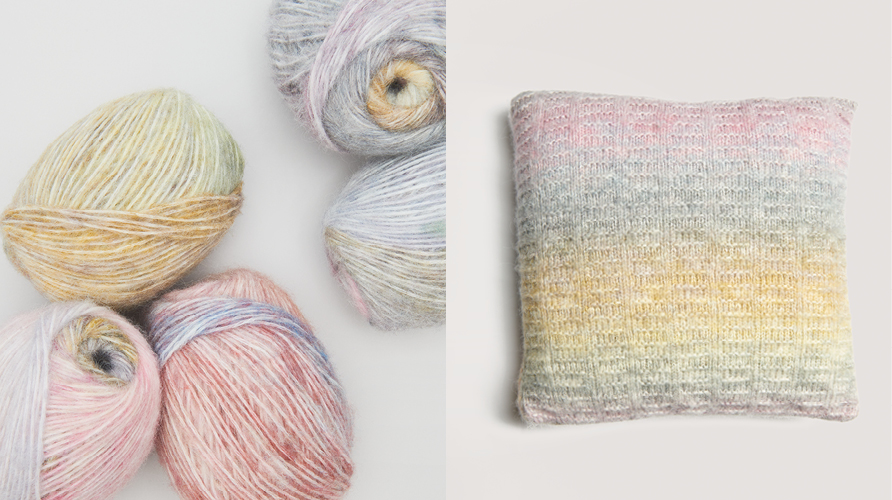 Zwei Bilder nebeneinander. Fünf Garnknäuel mit Farbverlauf und ein gestricktes Kissen aus Farbverlaufsgarn.