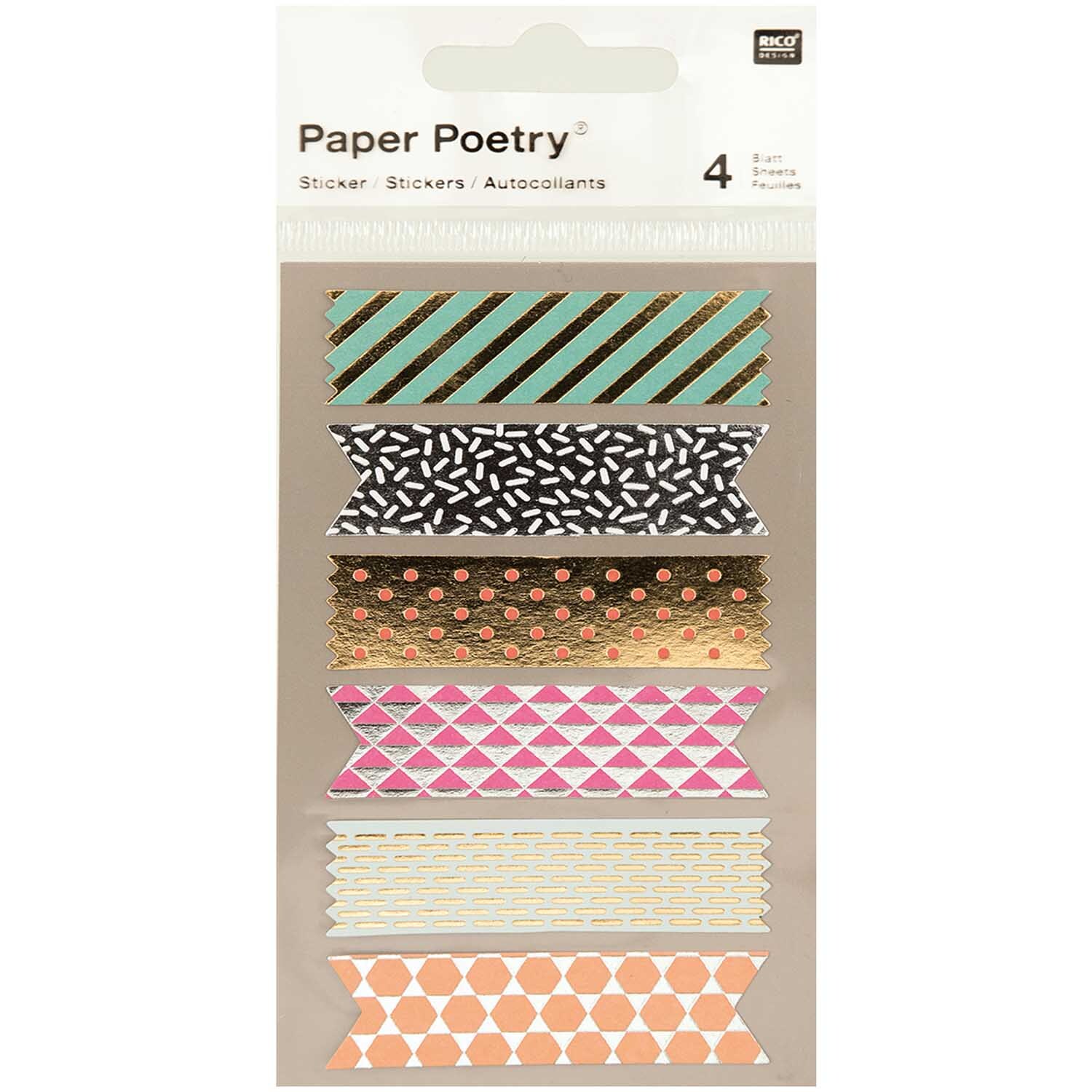 Paper Poetry Sticker Tapes mit vier Bögen in verschiedenen Mustern und metallischen Akzenten.