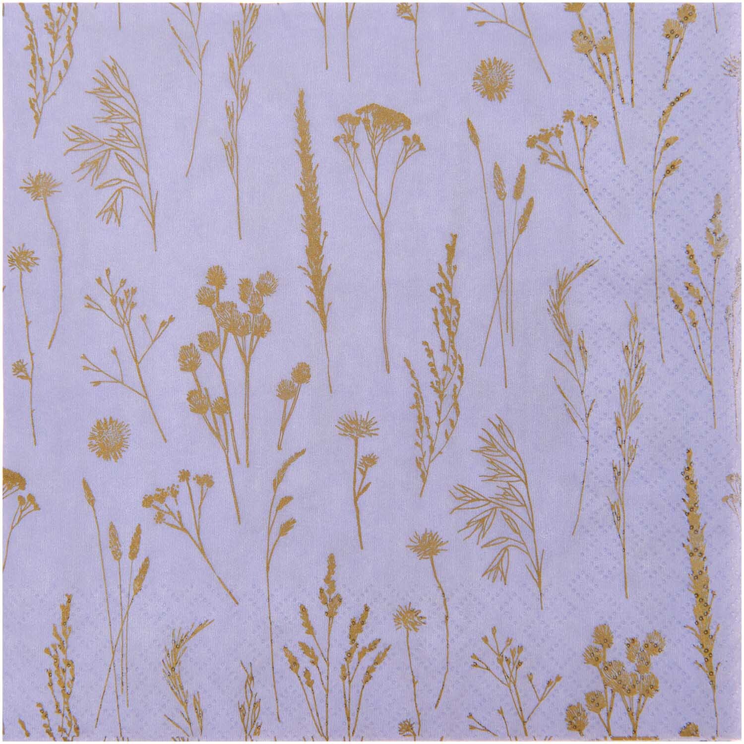 Servietten Gräser lila 33x33cm 20 Stück mit goldenen Gräsermotiven auf lila Hintergrund.
