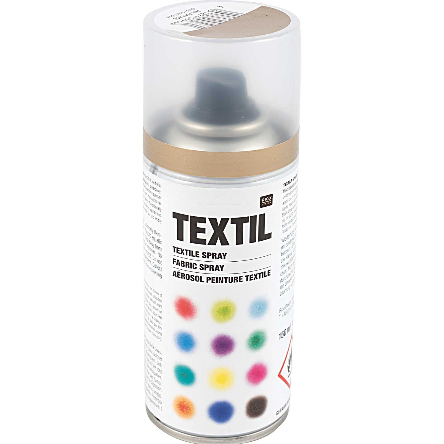 Textil Spray gold 150ml von Rico Design: Eine Spraydose mit bunten Farbmusterpunkten auf dem Etikett.