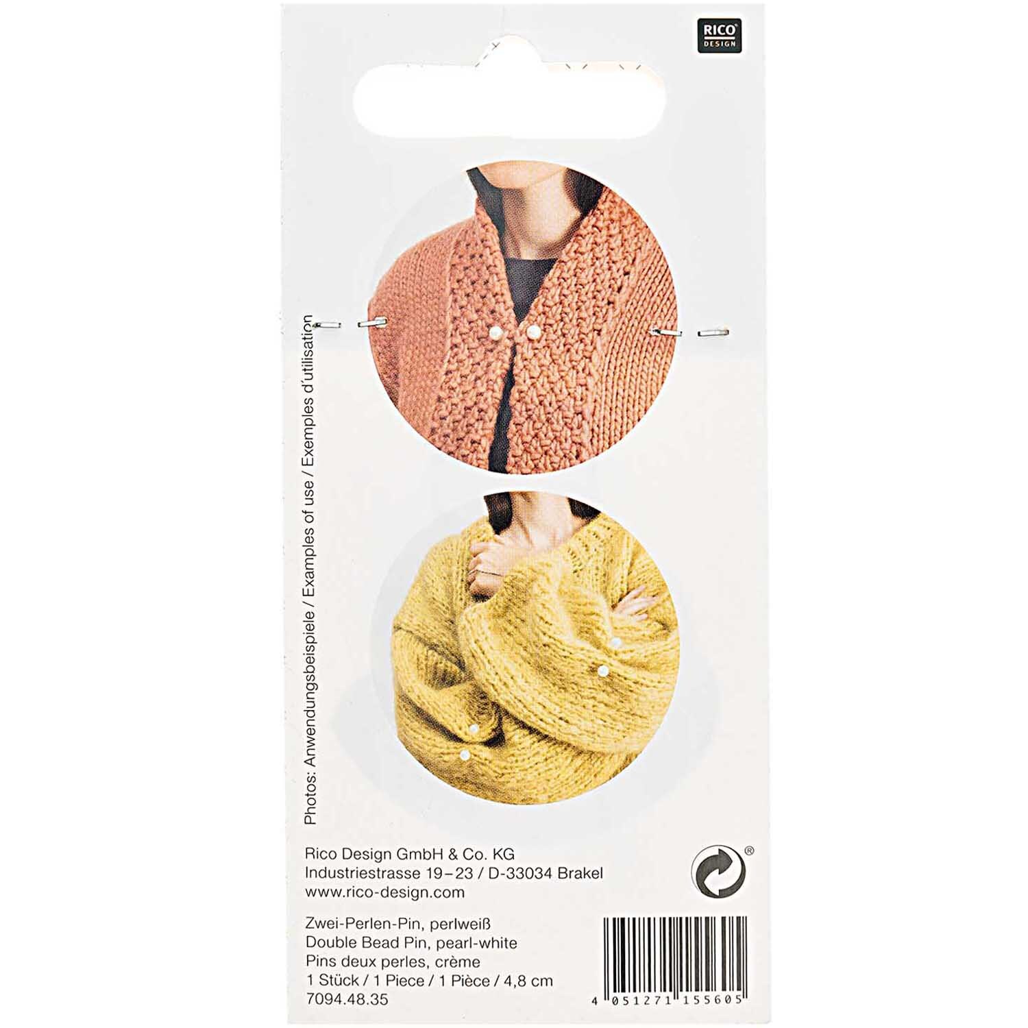 Zwei-Perlen-Pin 48mm von Rico Design, gezeigt an Strickjacken in Orange und Gelb, perlweiß.