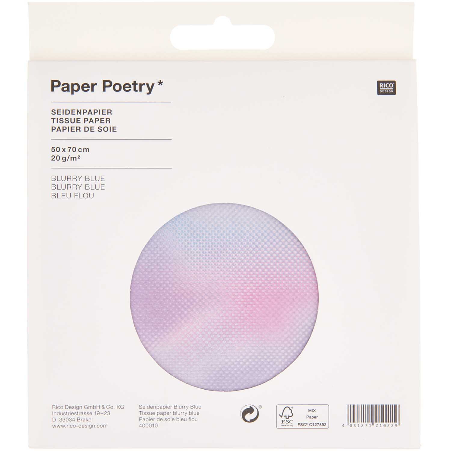 Paper Poetry Seidenpapier in verschwommenem Blau, 50x70cm, 5 Bogen, von Rico Design, in Verpackung.