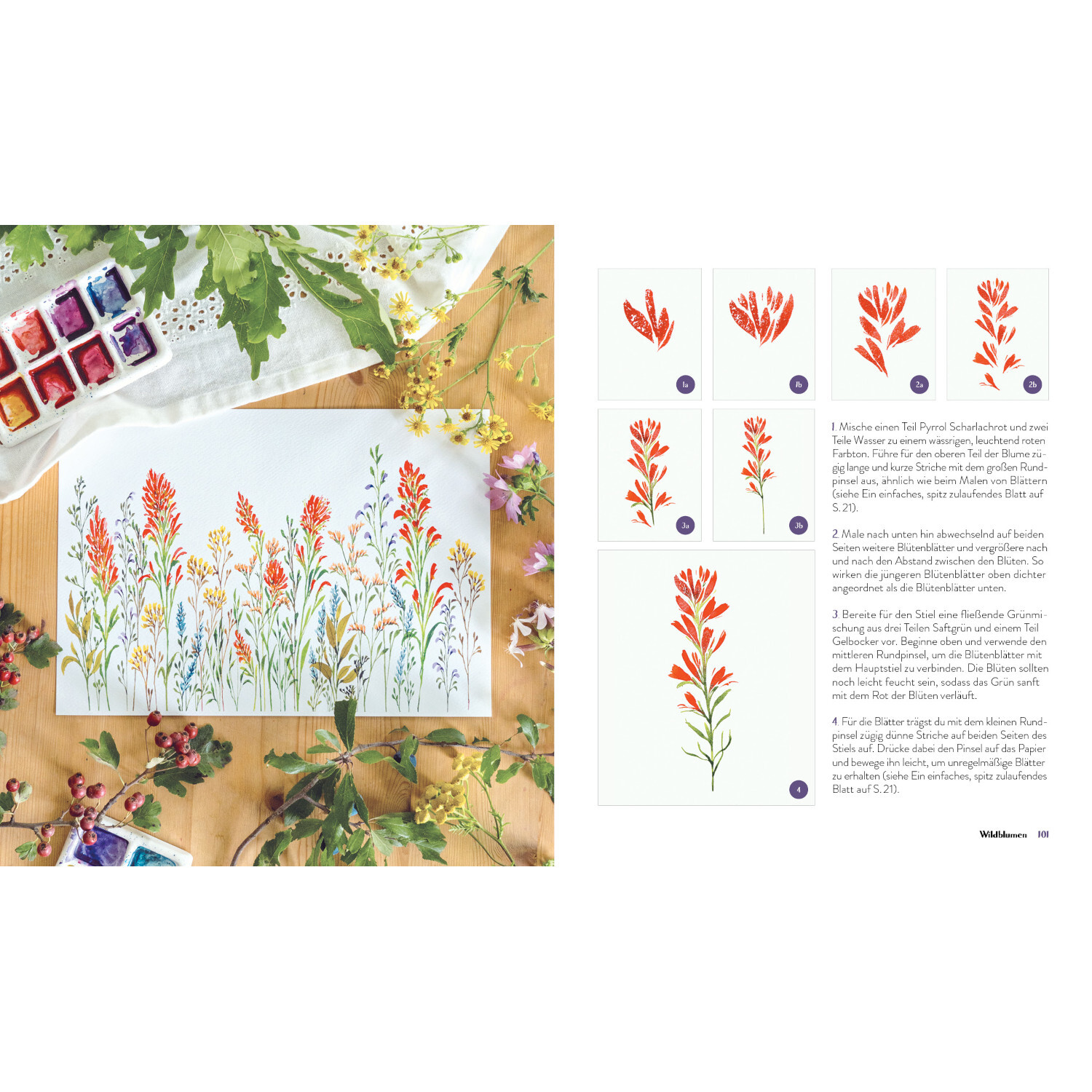 Wildflower Watercolor - Blumen Aquarelle malen: Anleitung zum Malen bunter Blumen mit Aquarellfarben auf einem Holztisch.