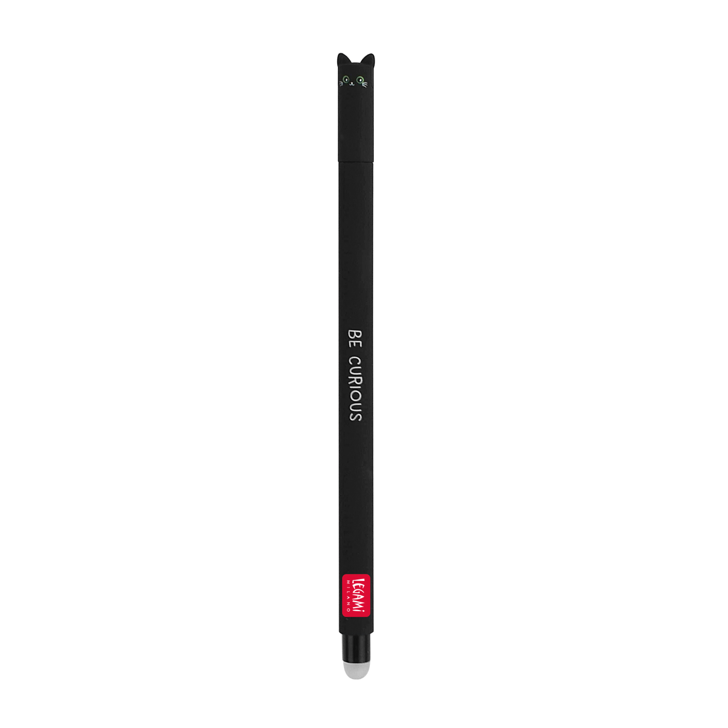 Legami löschbarer Gelstift in Schwarz mit Katzenmotiv und rotem Logo. Ideal für präzises Schreiben.