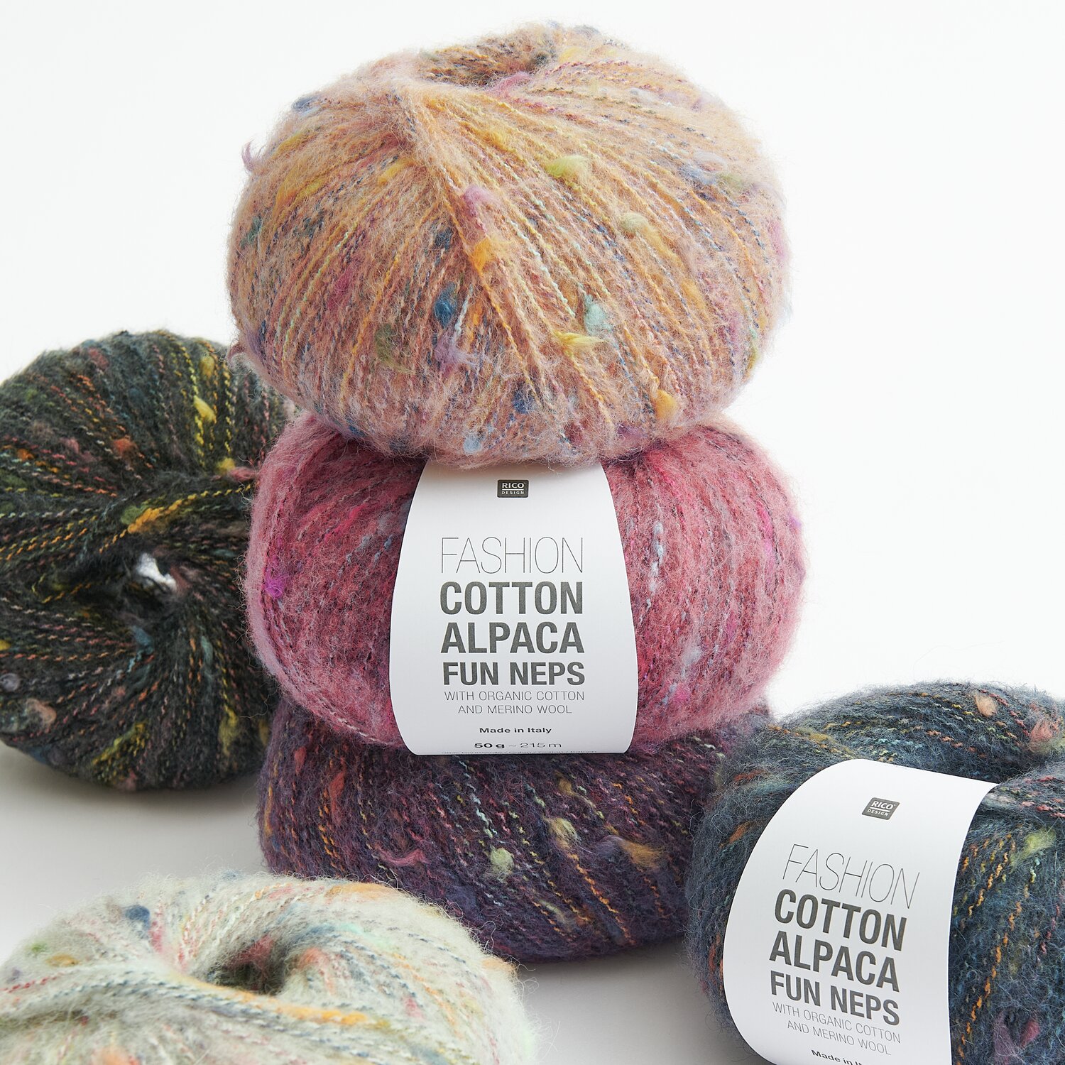 Fashion Cotton Alpaca Fun Neps Wolle in Apricot, Beere und Marine von Rico Design, ideal für kreative Strickprojekte.