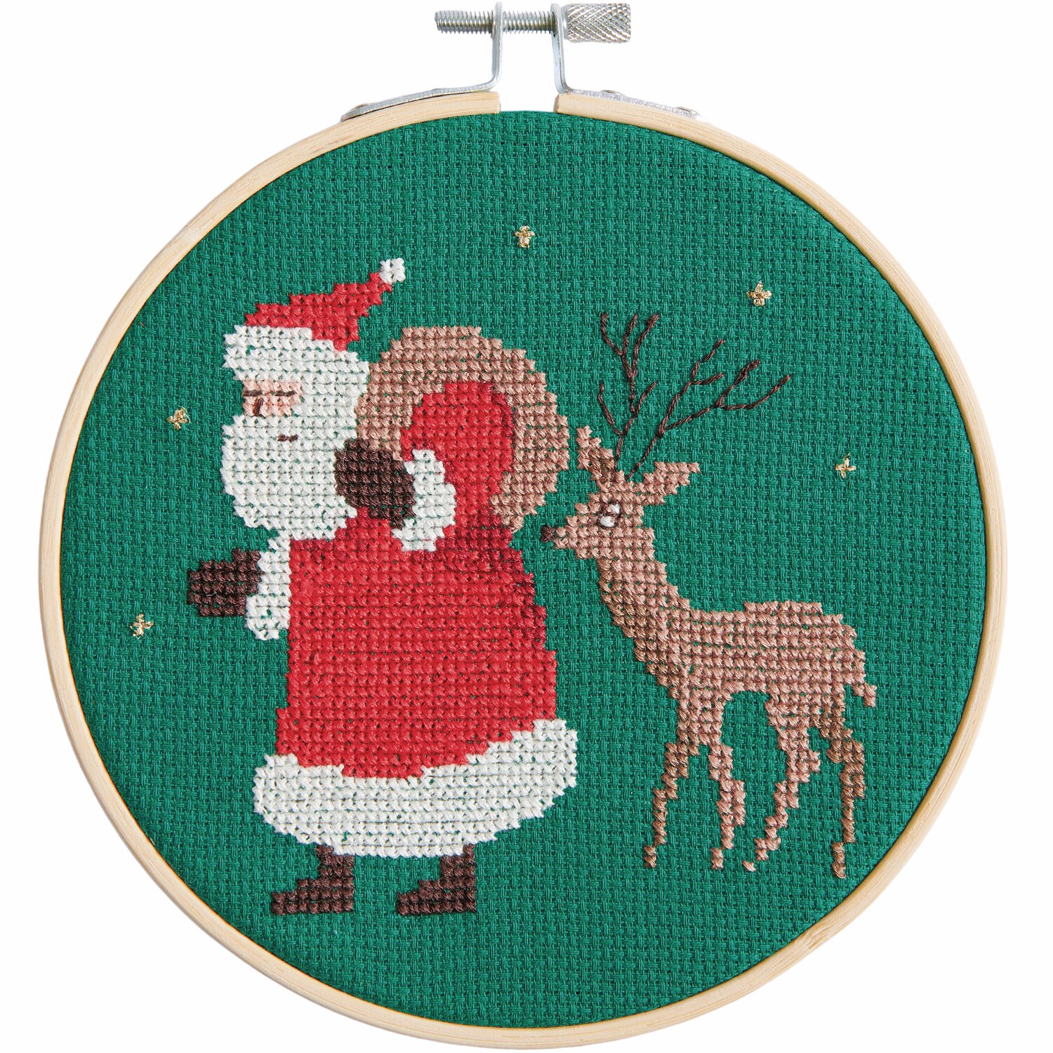 Stickpackung Santa und Reh zeigt einen Weihnachtsmann mit Rentier auf grünem Hintergrund, Ø15cm.