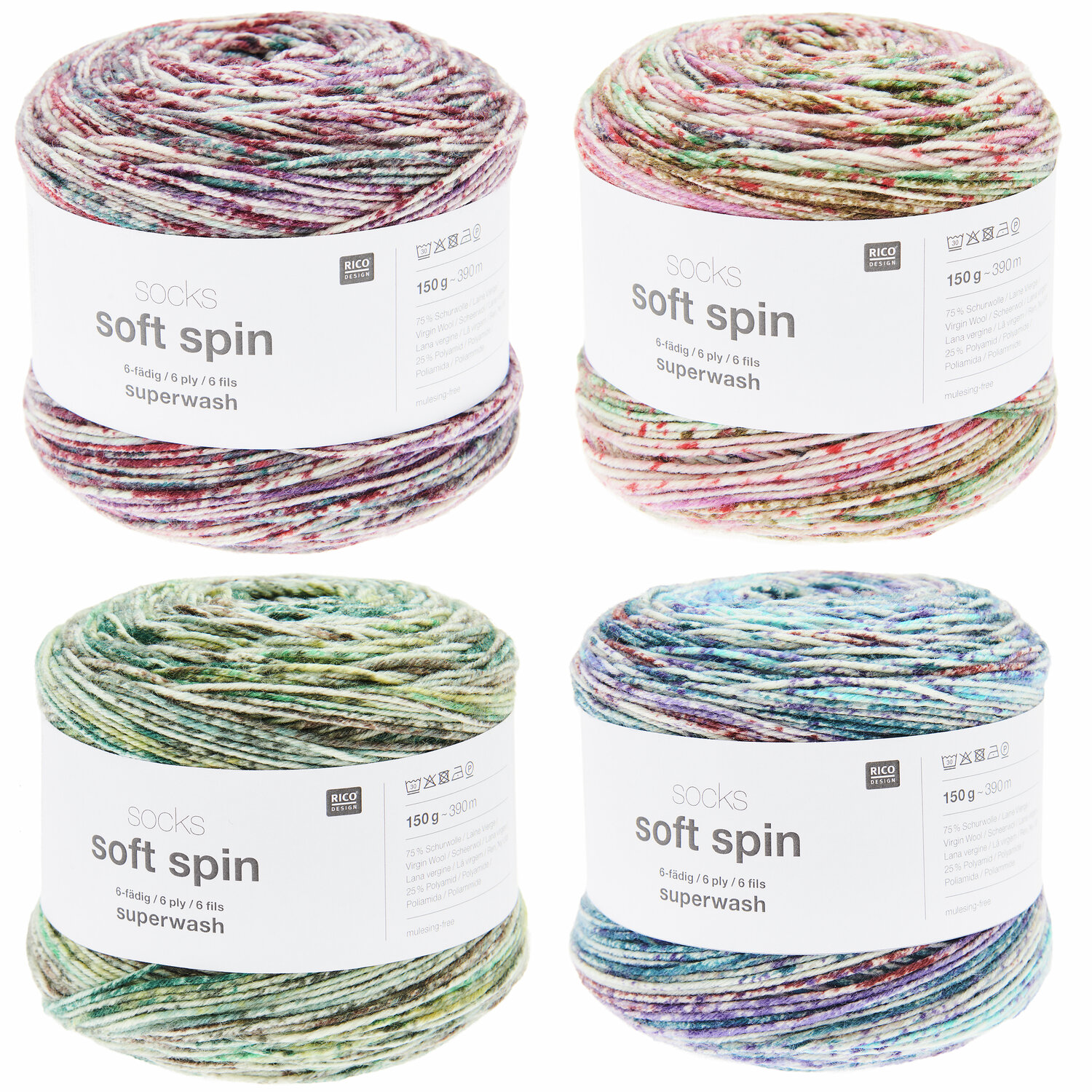 Socks Soft Spin 6-fädig Wolle von Rico Design in verschiedenen Farbtönen, ideal für Strickprojekte.