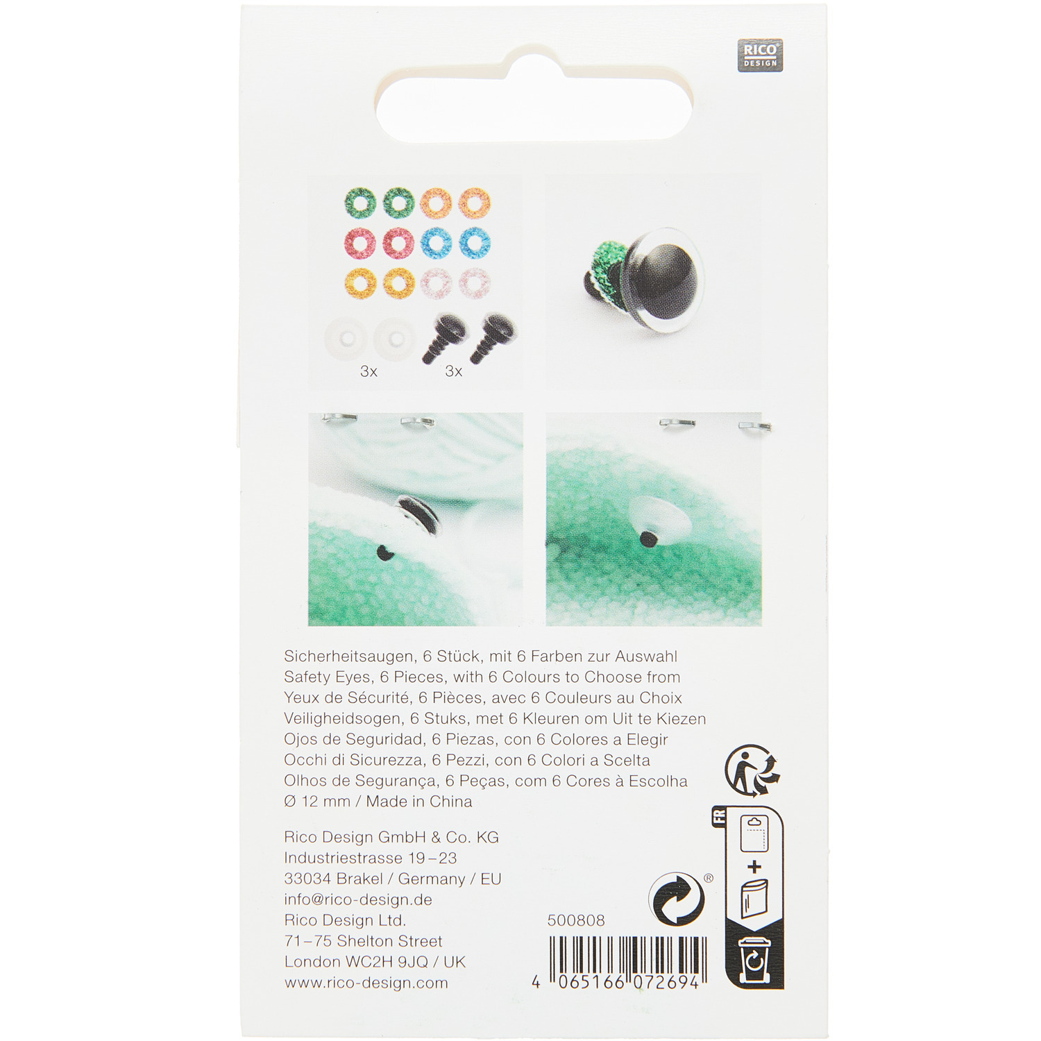 Sicherheitsaugen-Set für Kuscheltiere, 6 Farben, von Rico Design. Enthält 3 Paar 12mm Augen für kreative Bastelprojekte.