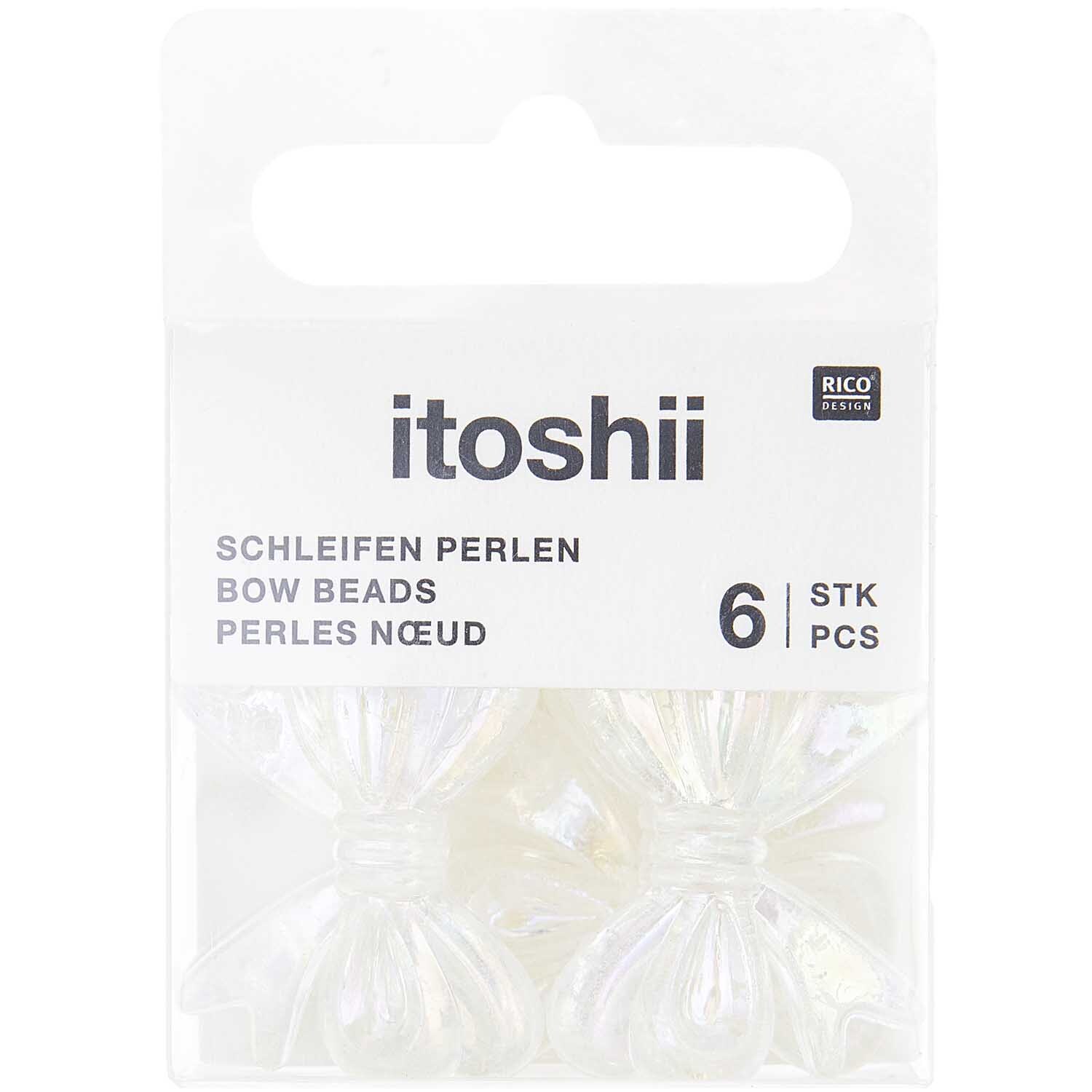 itoshii Schleifen Perlen holografisch von Rico Design, 6 Stück, 23x29x6mm, in transparenter Verpackung.