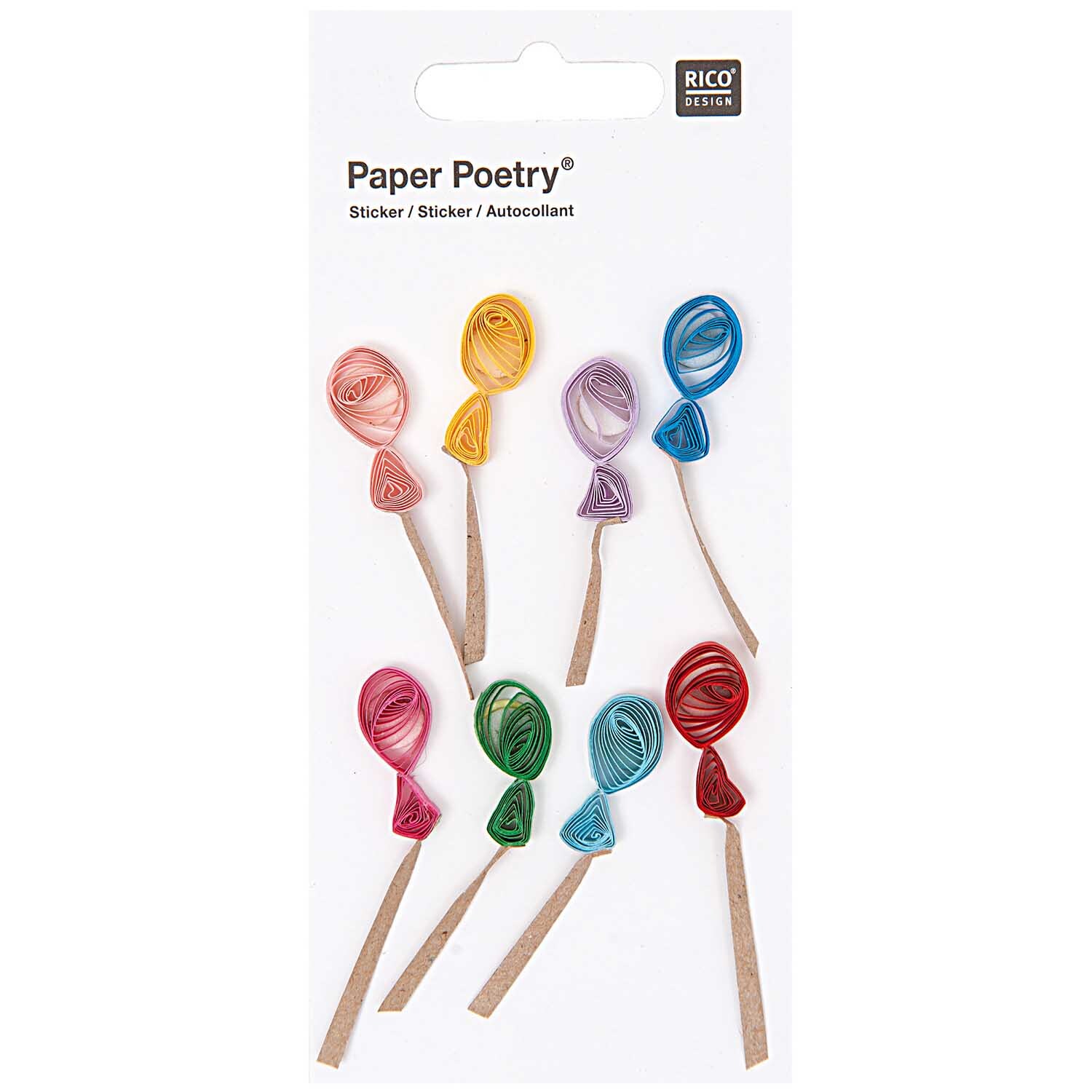 Paper Poetry Quilling Sticker Luftballons von Rico Design zeigen bunte, spiralförmige Ballons auf weißem Hintergrund. Ideal für kreative Projekte.
