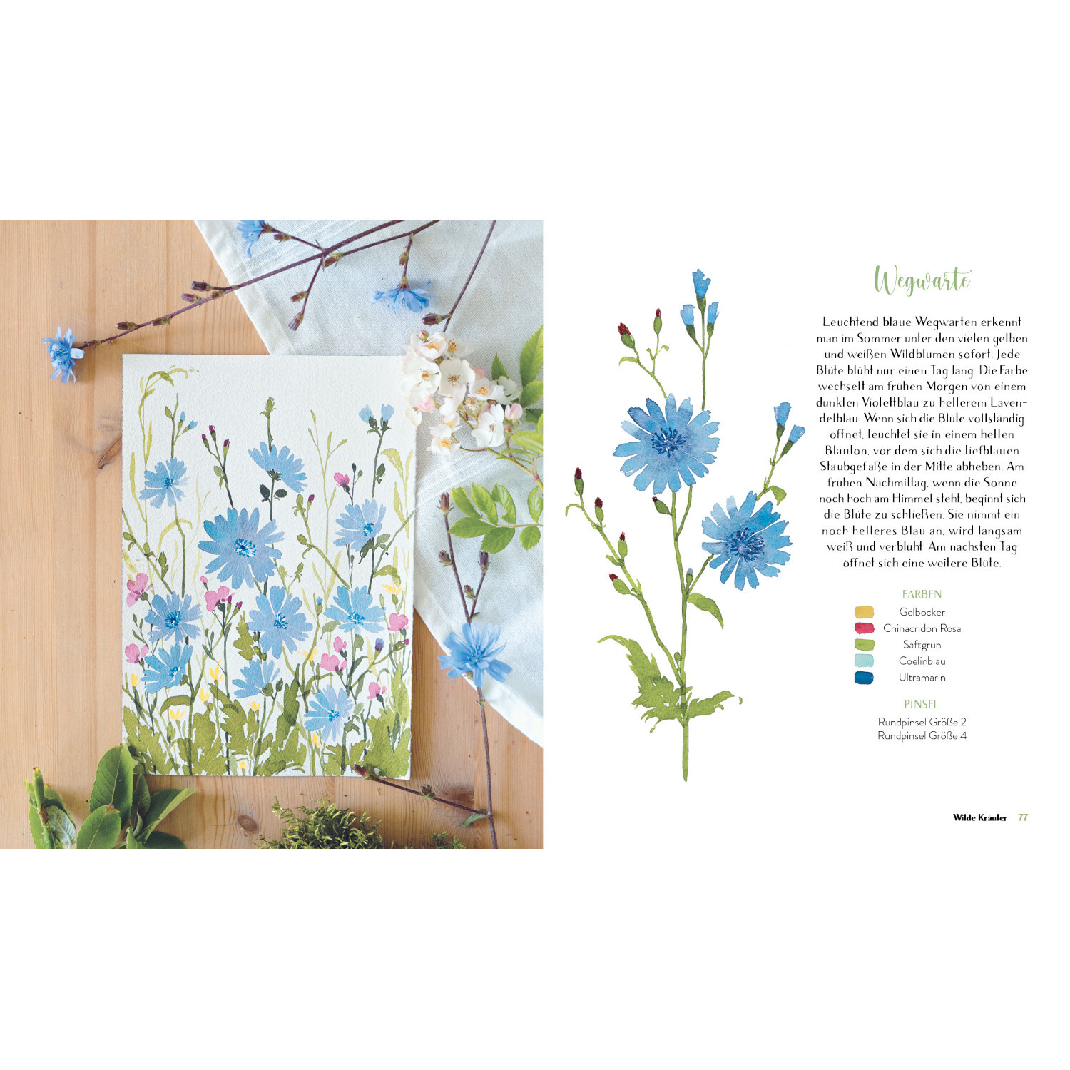 Wildflower Watercolor - Blumen Aquarelle malen: Aquarellbild mit blauen Blumen und Farbpalette auf Holzuntergrund.