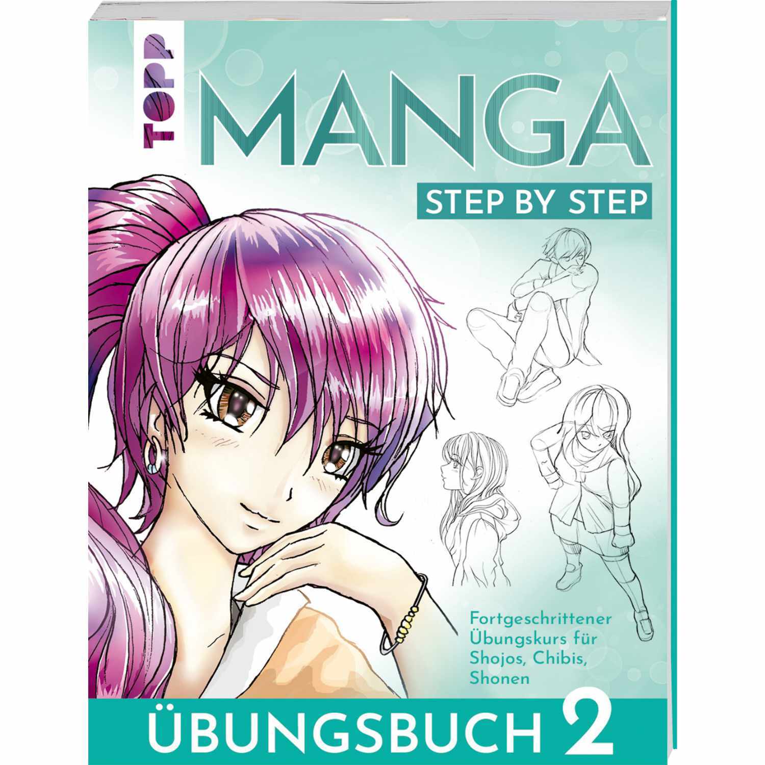 Manga Step by Step Übungsbuch 2 zeigt eine Manga-Zeichnung mit pinkem Haar, herausgegeben von TOPP.