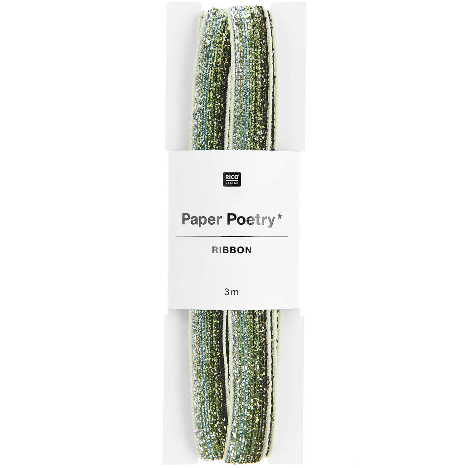 Paper Poetry Glitzerband, 10mm breit und 3m lang, zeigt schimmernde grüne Oberfläche von Rico Design. Ideal für kreative Bastelprojekte.