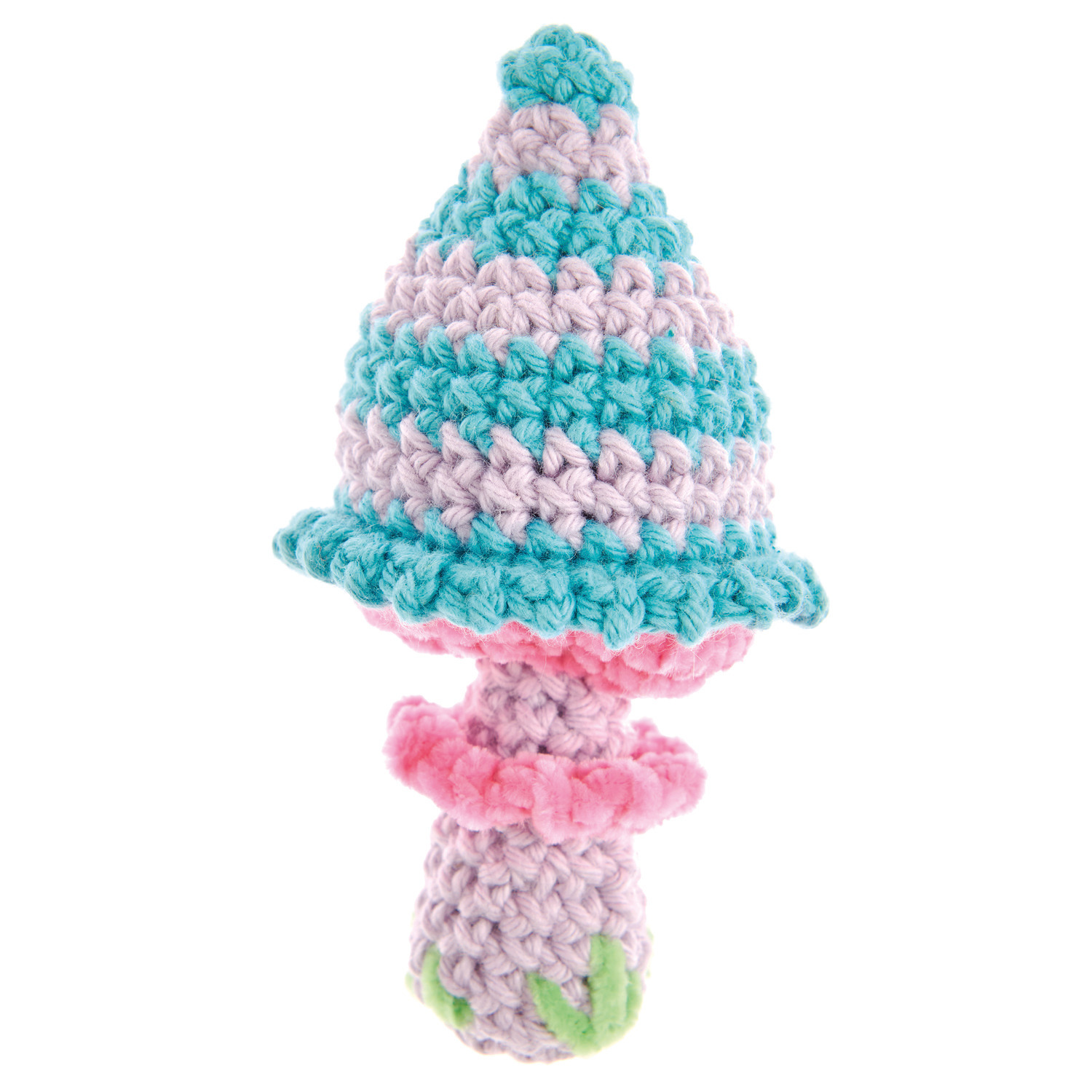 Creative Ricorumi dk zeigt einen gehäkelten Pilz in Flieder, Türkis und Neon Pink von Rico Design.