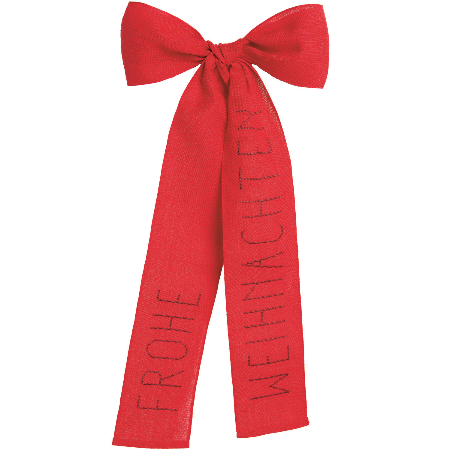 Stickpackung Schleife Frohe Weihnachten: Rote Schleife mit "Frohe Weihnachten"-Text, 30x54cm, von Rico Design.