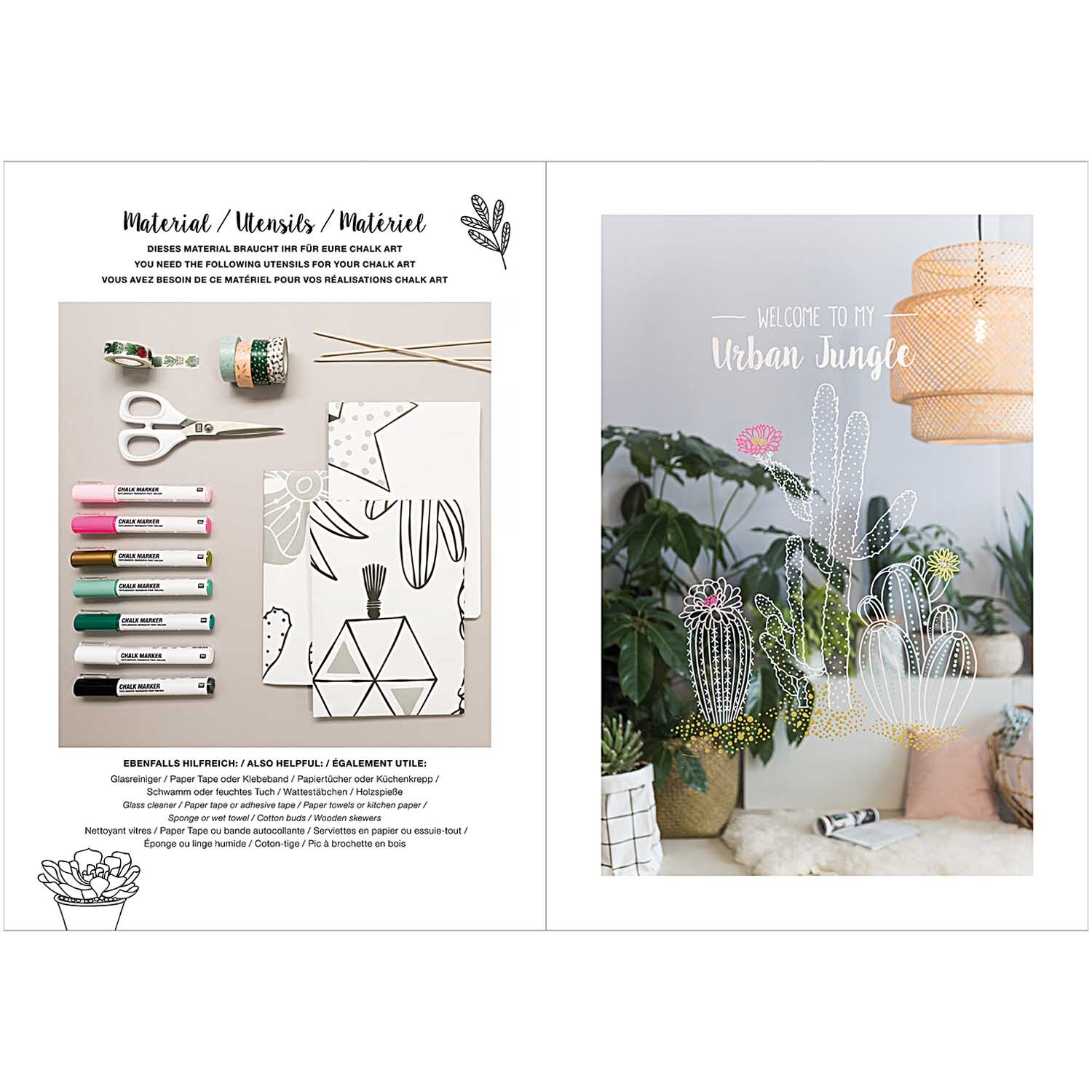 Vorlagenmappe Hygge Fenster- und Glasmalerei mit Kreidestiften zeigt kreative Designs und Materialien für stilvolle Dekorationen.