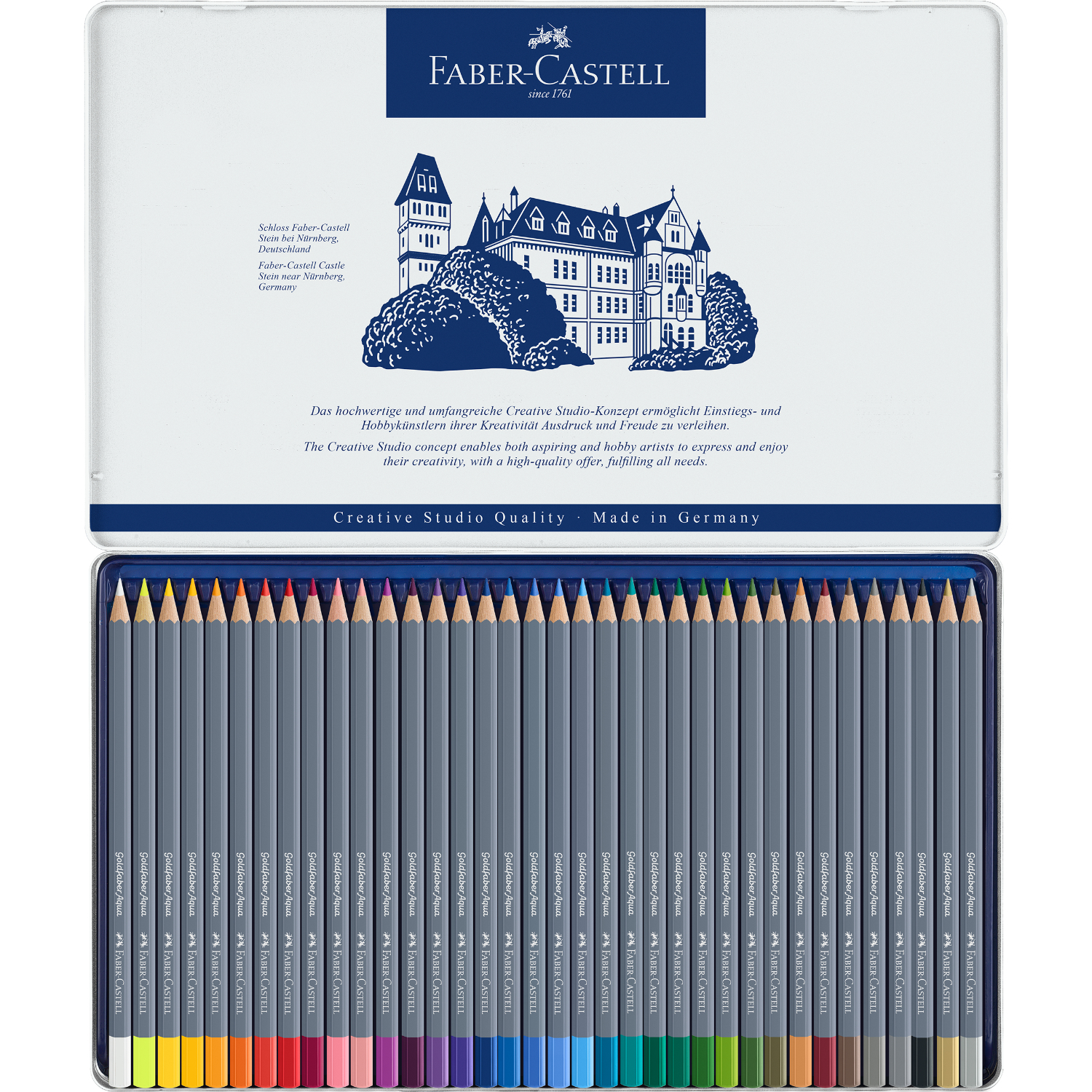 Goldfaber Aqua Aquarellstifte im Metalletui, 36-teilig, von Faber Castell. Das Bild zeigt die Stifte in einem offenen Etui.