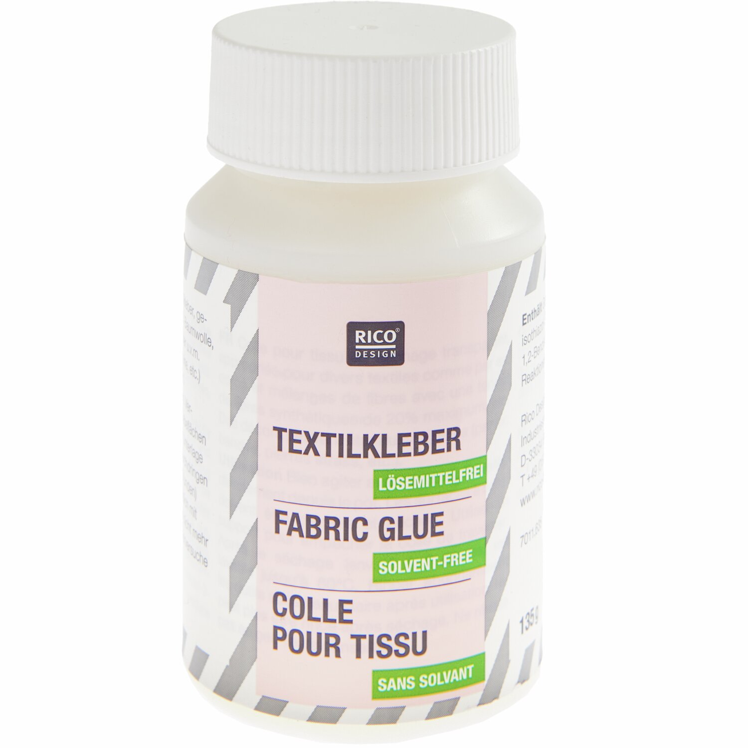 Textilkleber 135g von Rico Design in einer weißen Flasche mit Etikett in mehreren Sprachen. Ideal für lösemittelfreies Kleben von Stoffen.