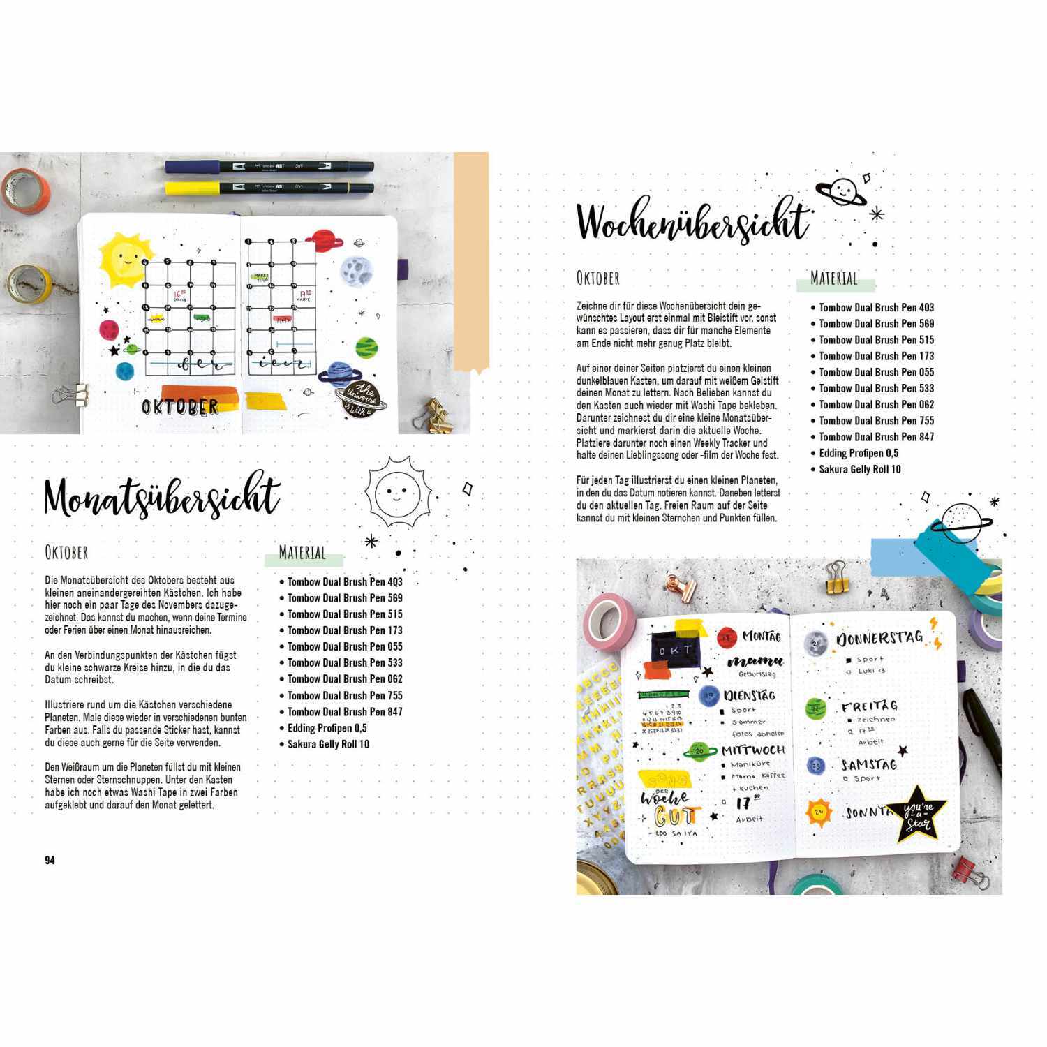 Generation BuJo - Das Anleitungsbuch für Schüler & Studenten zeigt bunte Monats- und Wochenübersichten mit kreativen Illustrationen und Notizen.