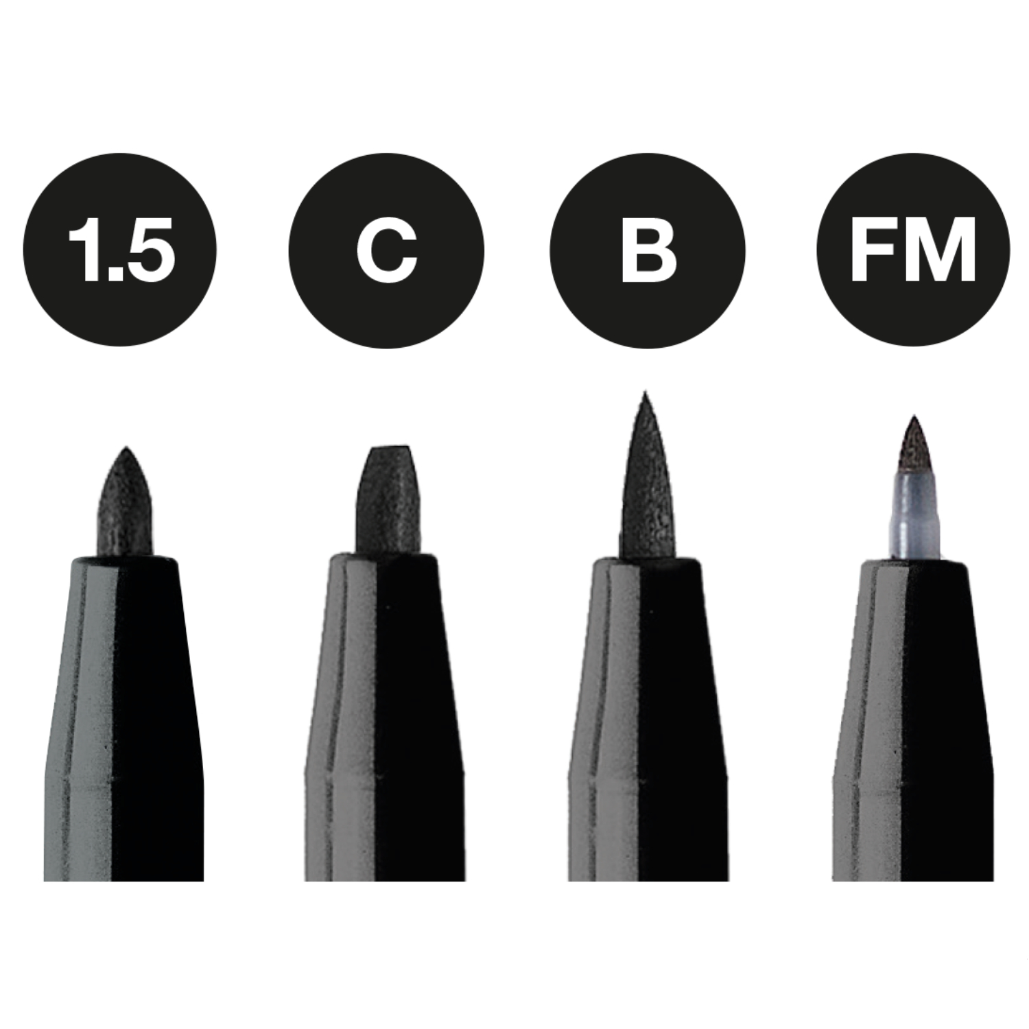 Pitt Artist Pen Tuschestift Set Schwarz, 4-teilig, zeigt verschiedene Spitzenstärken.