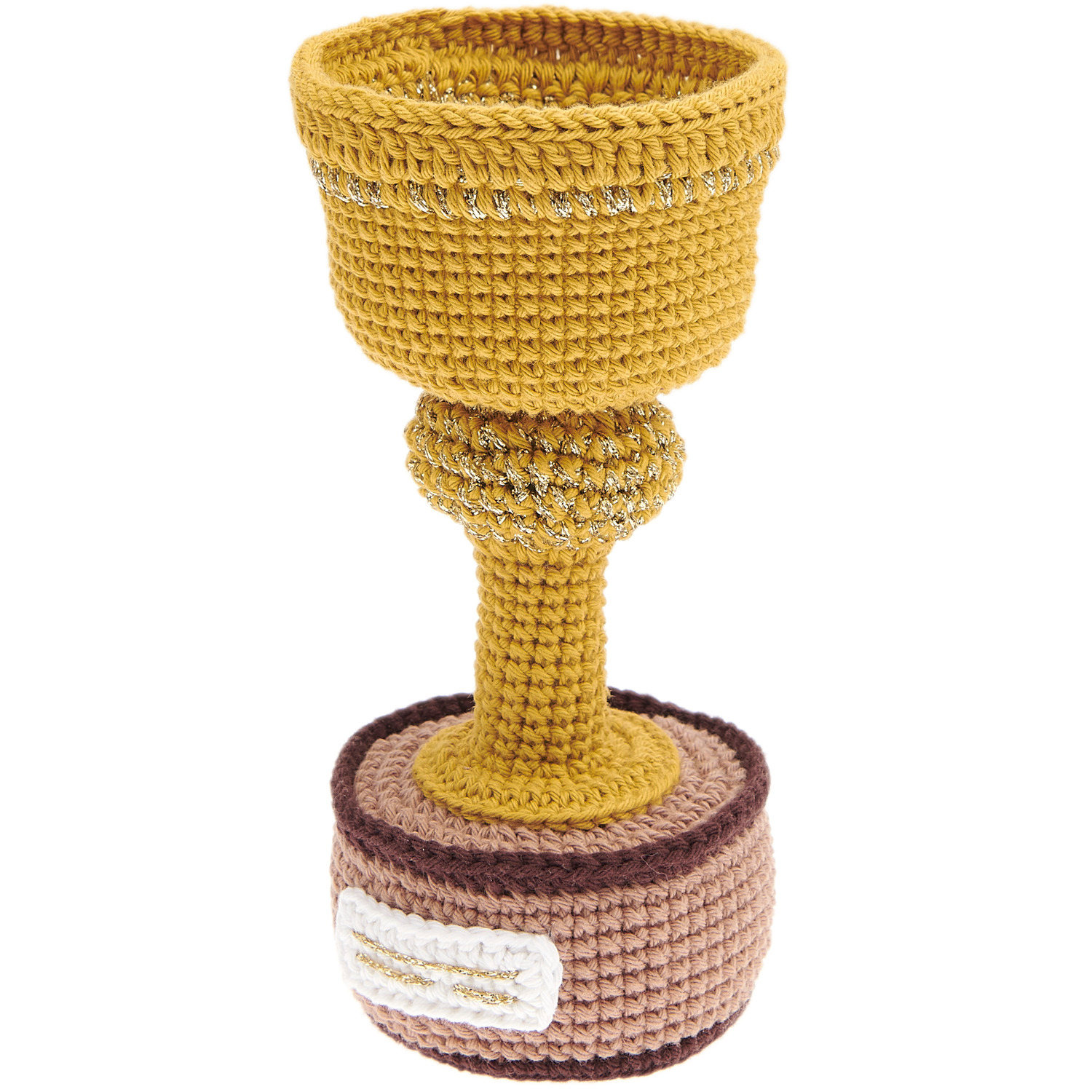 Ricorumi Häkelset Pokal Gold: Handgefertigter Pokal aus goldener Wolle, 16 cm hoch, von Rico Design. Ideal für kreative DIY-Projekte.