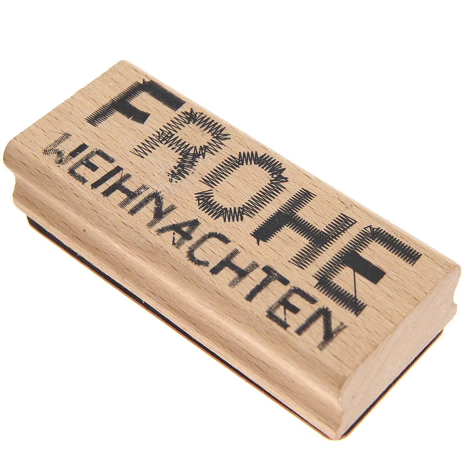 Stempel "Frohe Weihnachten genäht" von Rico Design, rechteckig, aus Holz mit schwarzem Text.