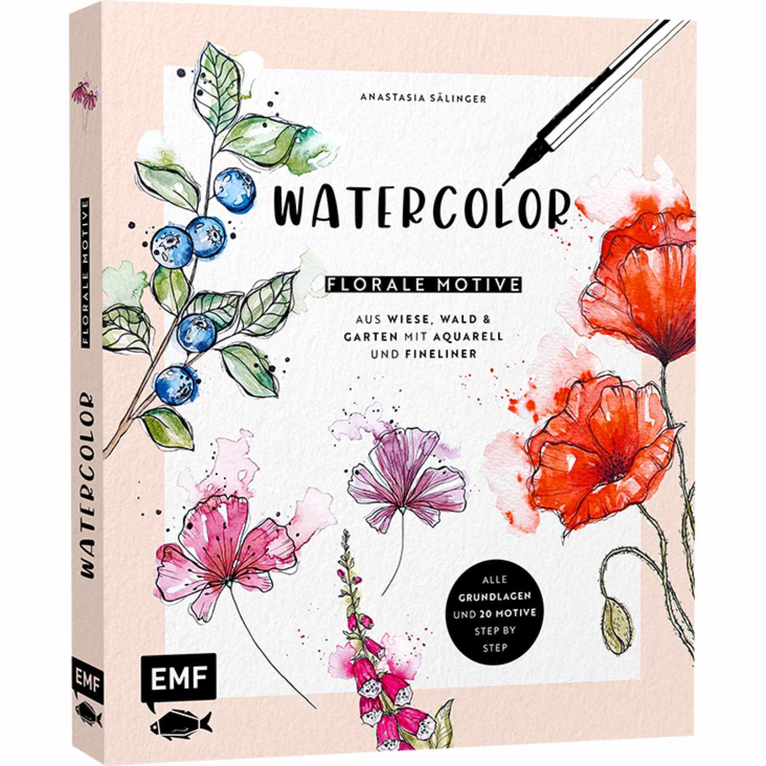 Watercolor - Florale Motive aus Wiese, Wald & Garten zeigt bunte Blumenillustrationen auf einem Buchcover von EMF.