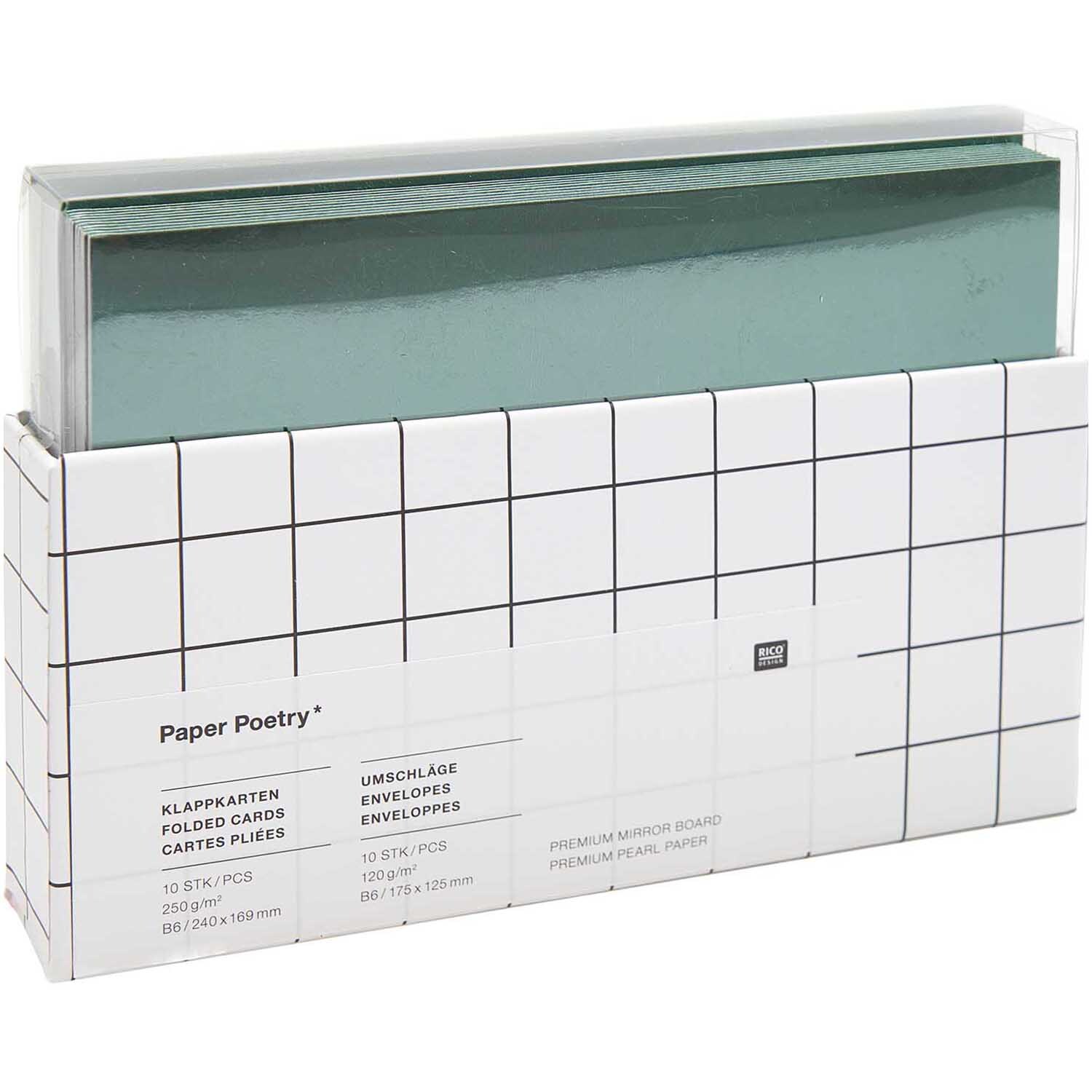 Paper Poetry Kartenset Spiegelkarton B6, 20-teilig, in eleganter grüner Farbe von Rico Design. Ideal für kreative Projekte.