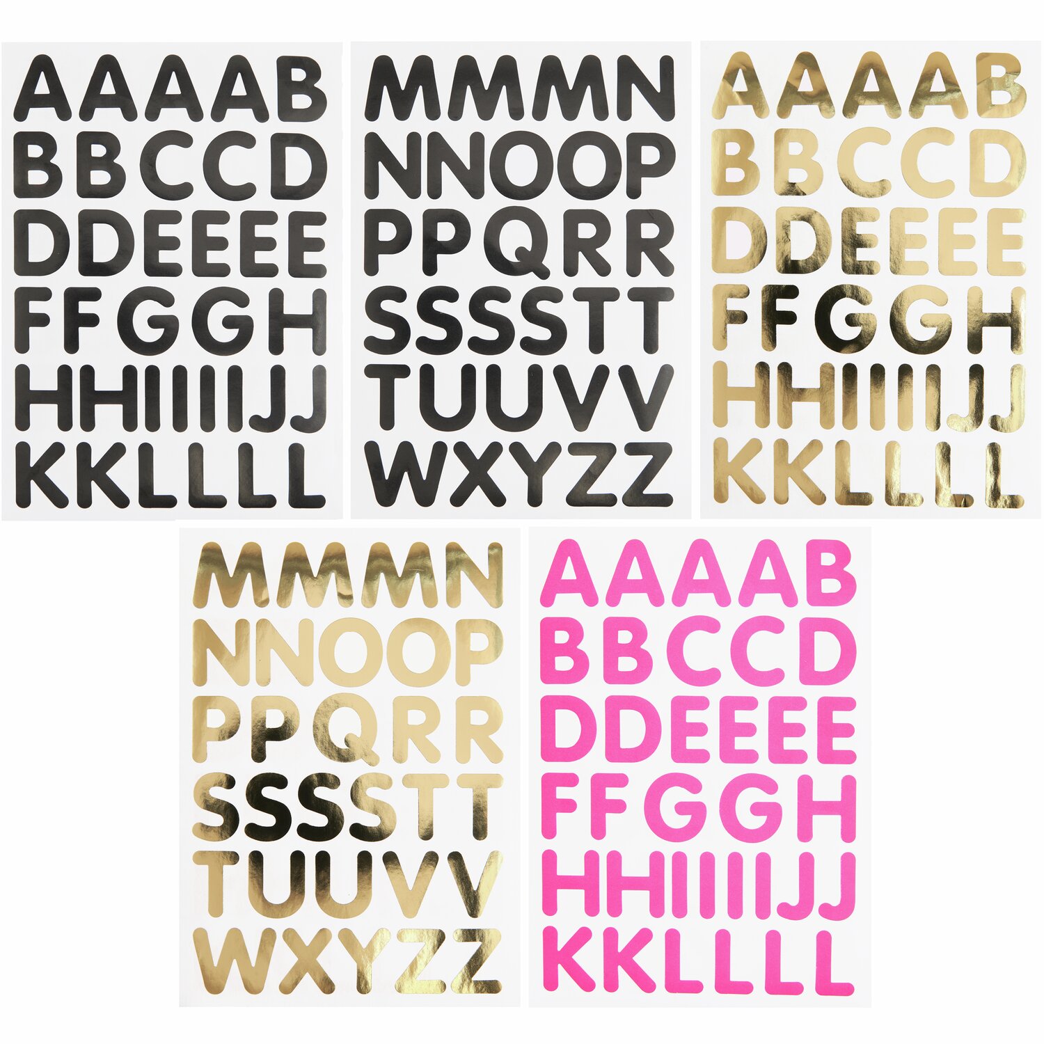 Stickerblock Alphabet DIN A5: Buchstabensticker in Schwarz, Gold und Pink, 10 Blatt, ideal für kreative Projekte.