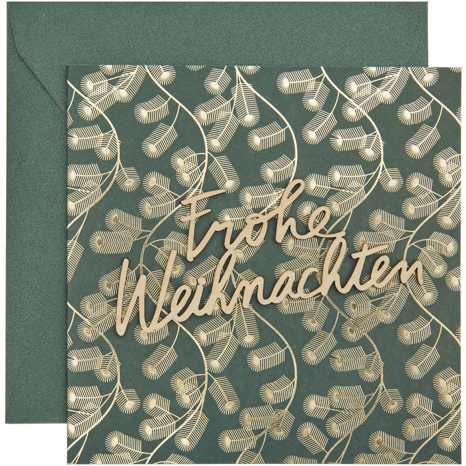 Paper Poetry Grußkarte mit goldenen Weihnachtsmotiven auf grünem Hintergrund, von Rico Design.