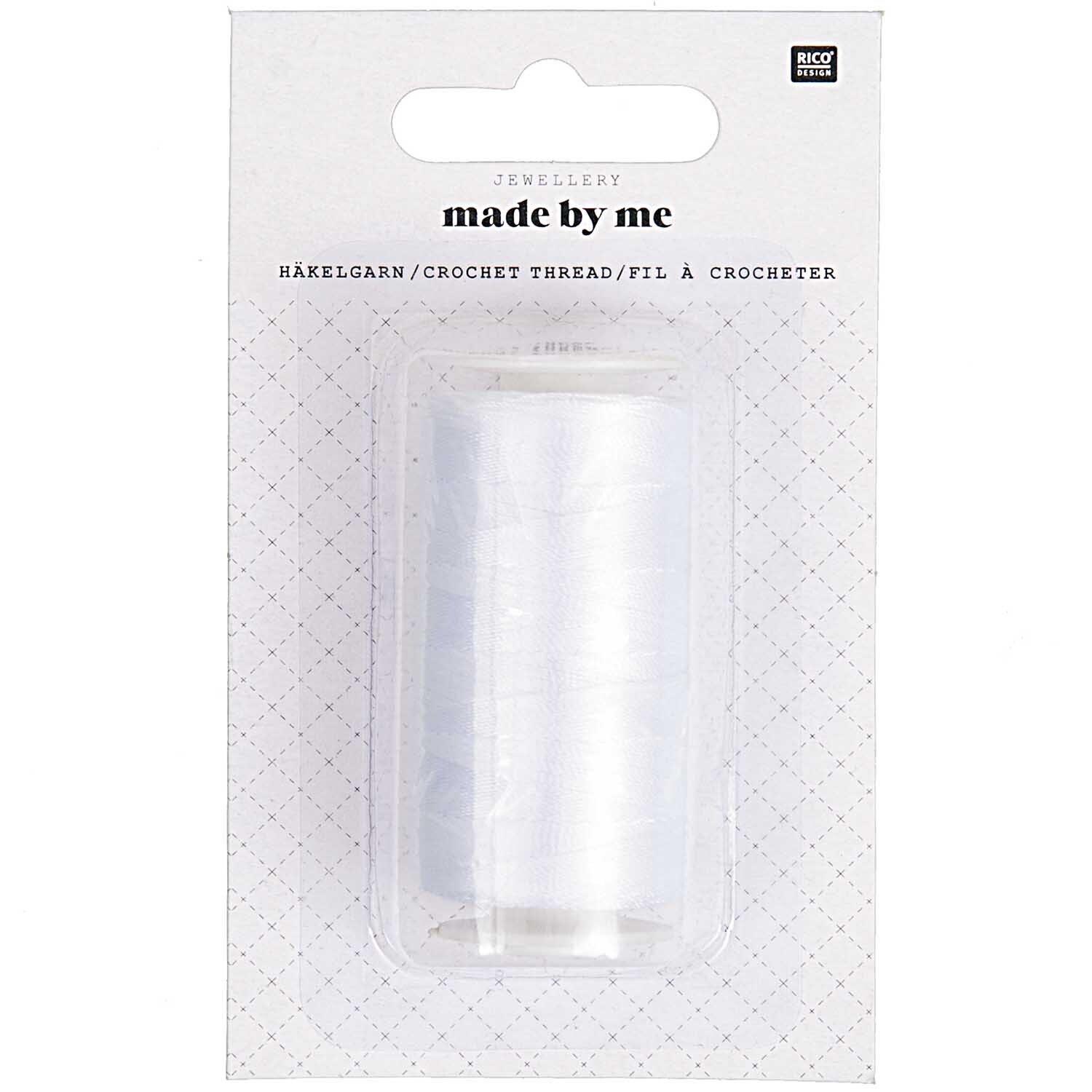 Häkelgarn weiß 300m von Rico Design in einer transparenten Verpackung, ideal für Schmuckprojekte.